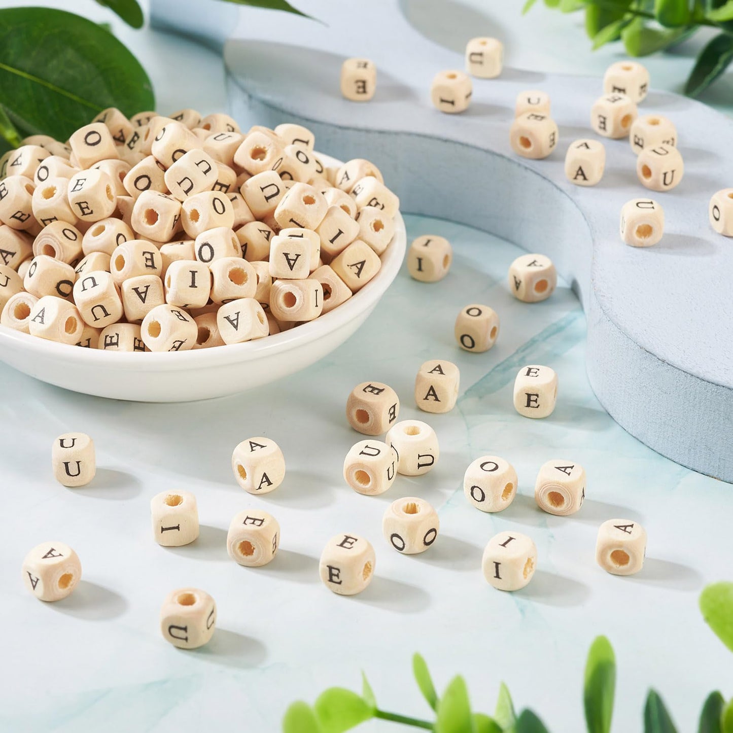 Spritewelry 250Pcs 8mm Wood Initial Letter Beads Cube Natural Wooden Square Bead A E I O U Craft Letter Loose Spacer Beads for Bracelet Necklace Earring Phone Decor Making