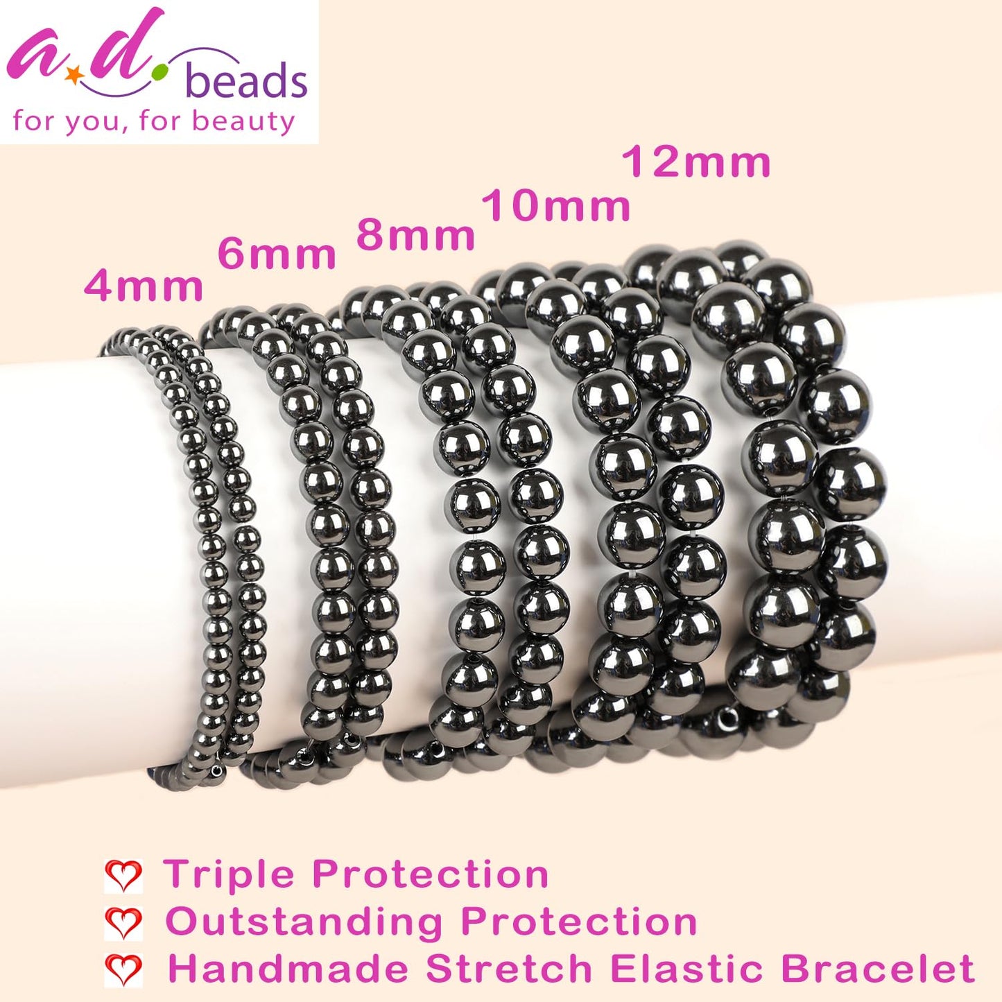 AD Beads Handmade Gemstone Stretch Elastic Bracelet Crystal Healing Reiki Nature's Beauty and Spiritual Essence Unisex (10mm, Hematite (Healing and Health))