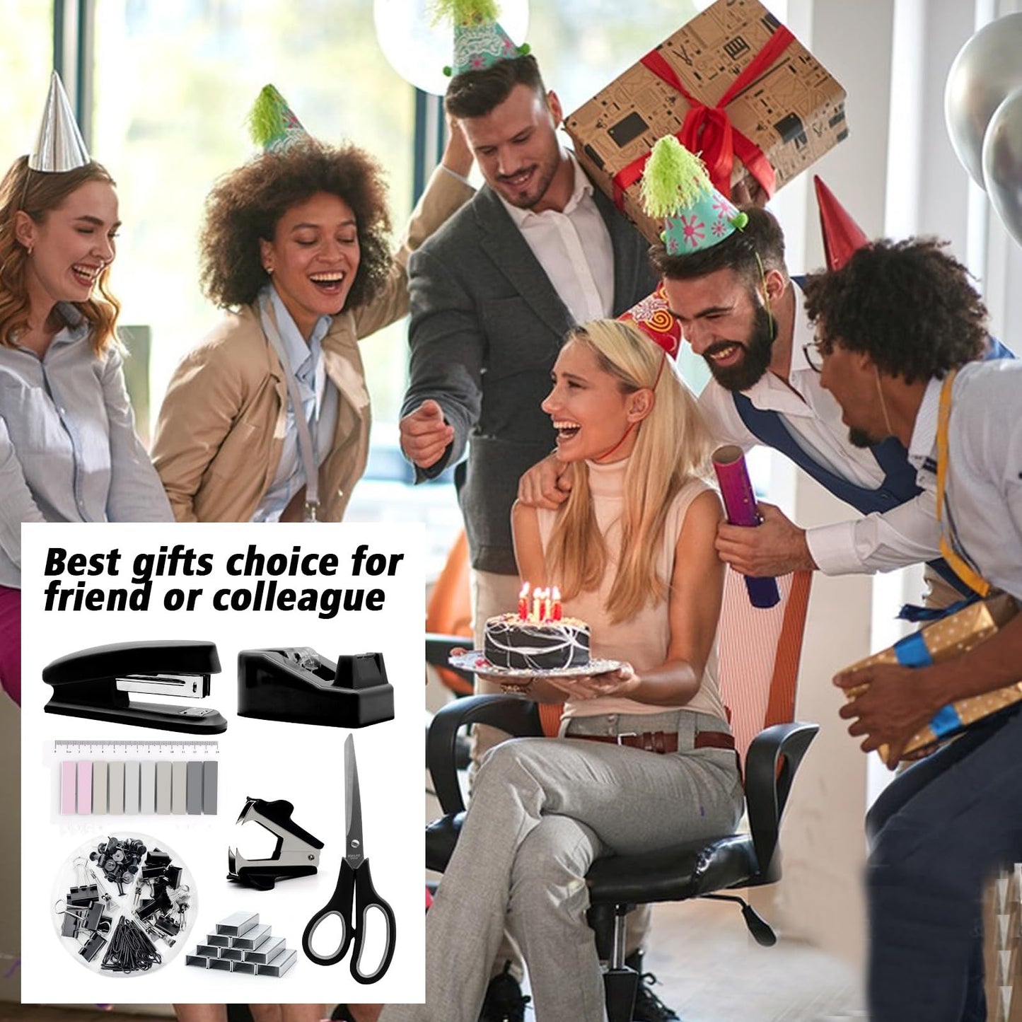 OfficeMate Stapler & Tape Dispenser Set - Black Desk Accessory Kit, Gift for Students, Women, Coworkers, Boss Lady, Office Clerks