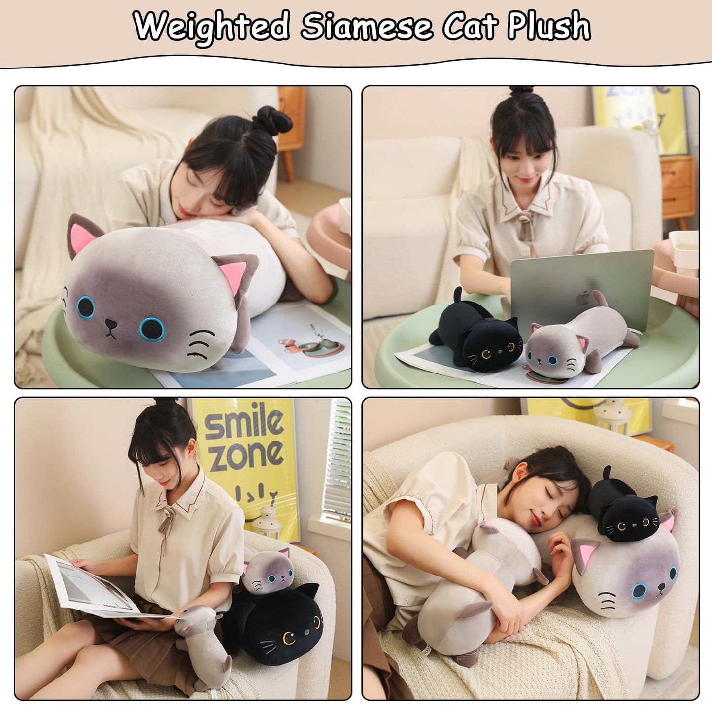 SQEQE Weighted Siamese Cat Plush, Weighted Siamese Cat Stuffed Animal, Cute Plushies Soft Pillow Toy Gift for Kids Adults 23.6 Inch, 3.1 Lbs