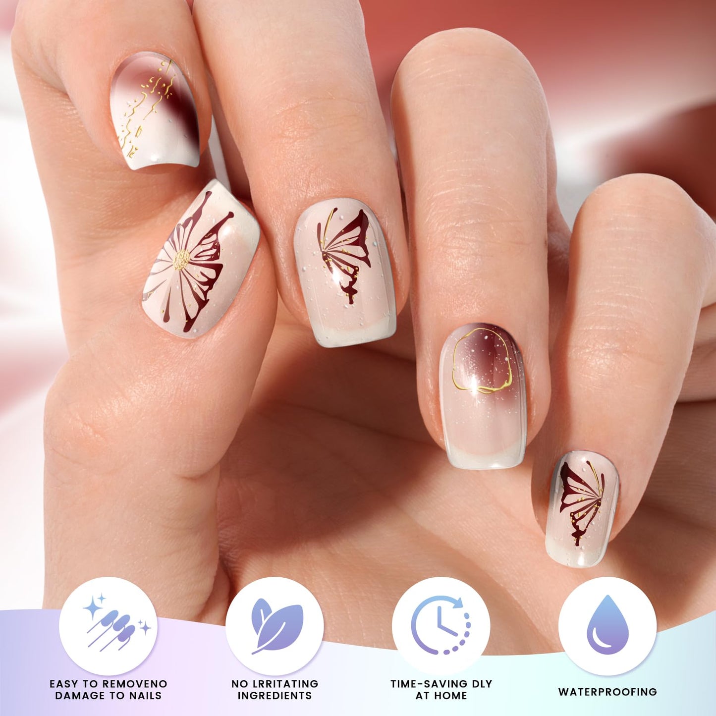 OAUEE Semi Cured Gel Nail Strips | Gel Nail Stickers with UV Light Required | Salon Quality, Easy Application and Removal（Butterfly Gilded Line）