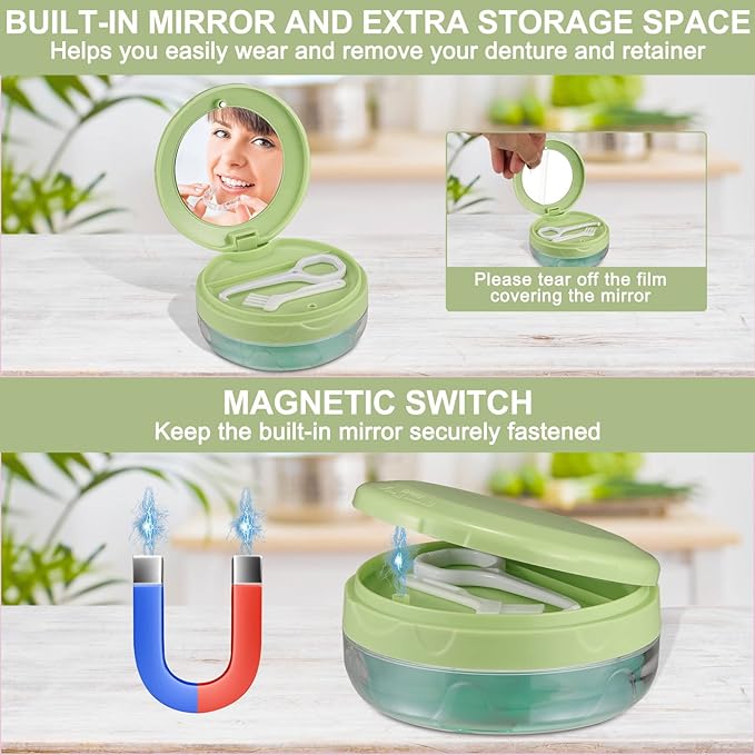 Denture Case, Leak Proof Denture Bath Case Cup Kit for Travel Cleaning, Denture Holder Box Bath Soaking Container for Women & Men with Mirror, Strainer, Removal Tool and Denture Brush(Green)
