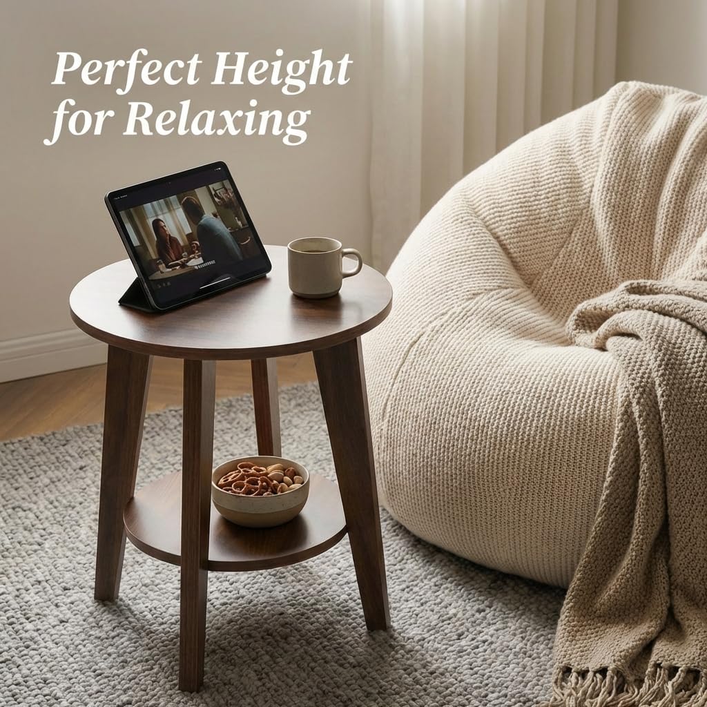 DURISEN Small Round Side Table - 17.7" Cute End Table with 2-Tier Storage - Waterproof Low Nightstand for Kids Room, Nursery, Small Spaces, Plant Stand & Bean Bag (Walnut)