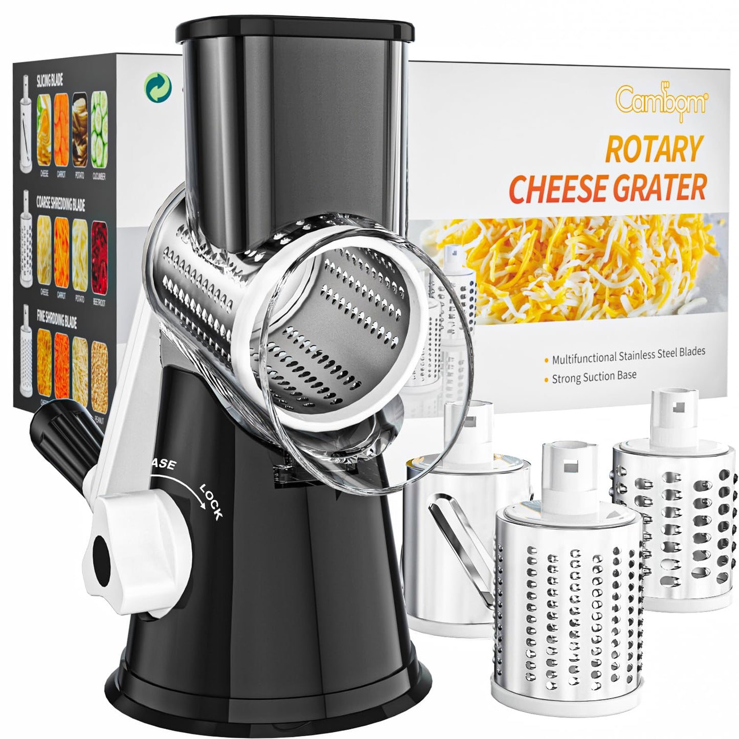 Cambom Rotary Cheese Grater Hand Crank Cheese Shredder for Fresh Cheese, Vegetable, Nuts,Non-slip Suction Base, Three Blades, Black