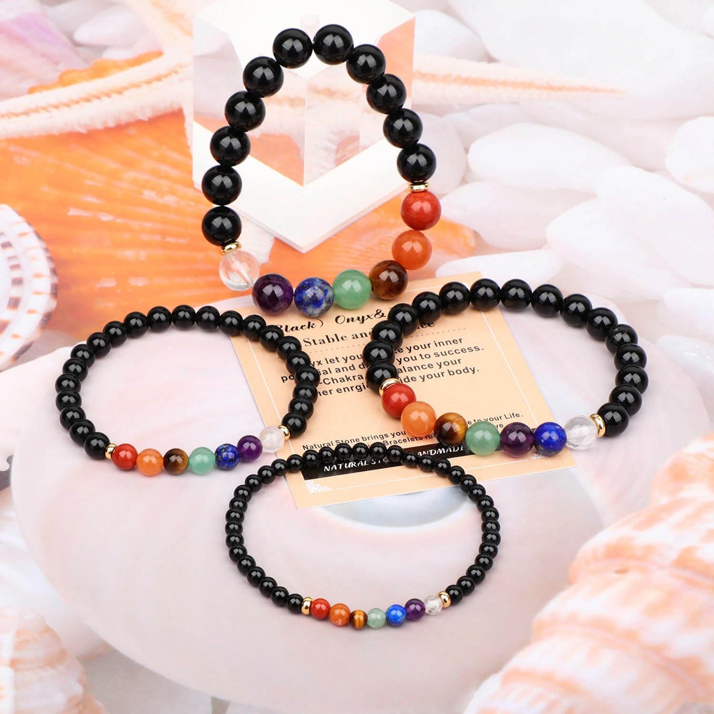 AD Beads Handmade Gemstone Stretch Elastic Bracelet Crystal Healing Reiki Nature's Beauty and Spiritual Essence Unisex (4mm, Onyx & 7-Chakra (Stable and Balance))