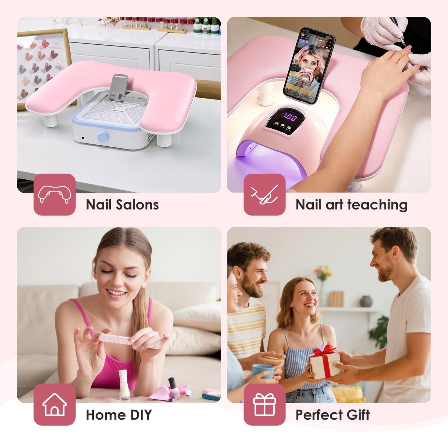 LIONVISON Arm Rest for Nails Tech: U Shaped Adjustable Height Ergonomic Nail Hand Rest Stand PU Leather with Rotating Phone Holder for Nail Salon Manicurist (Pink)