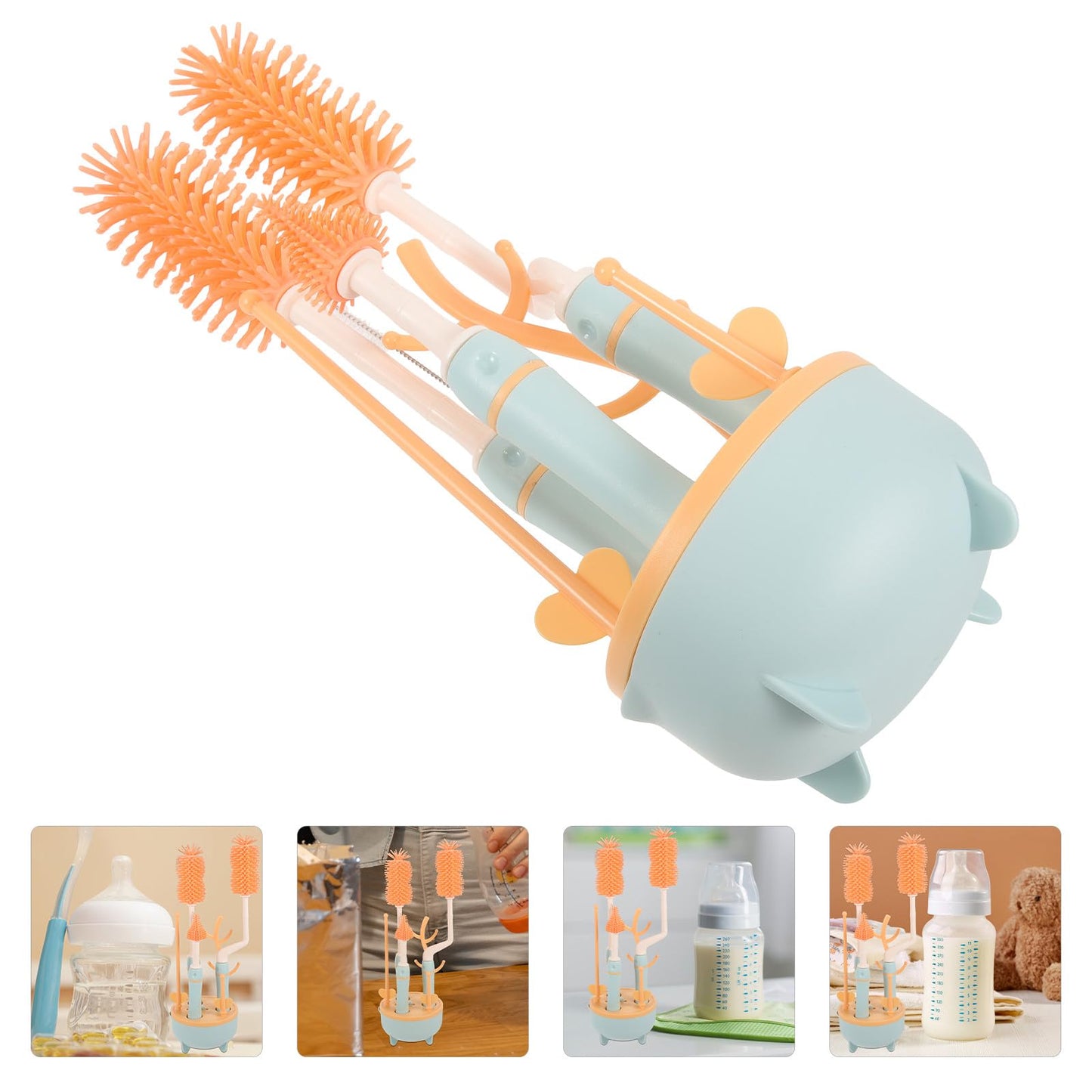 NAMOARLY Bottle Brush Set with Straw Cleaner and Pacifier Brush for Feeding, Blue Plastic Handle, Multi-Piece Household Bottle Cleaning Kit with Drying Stand for Travel and Daily Use
