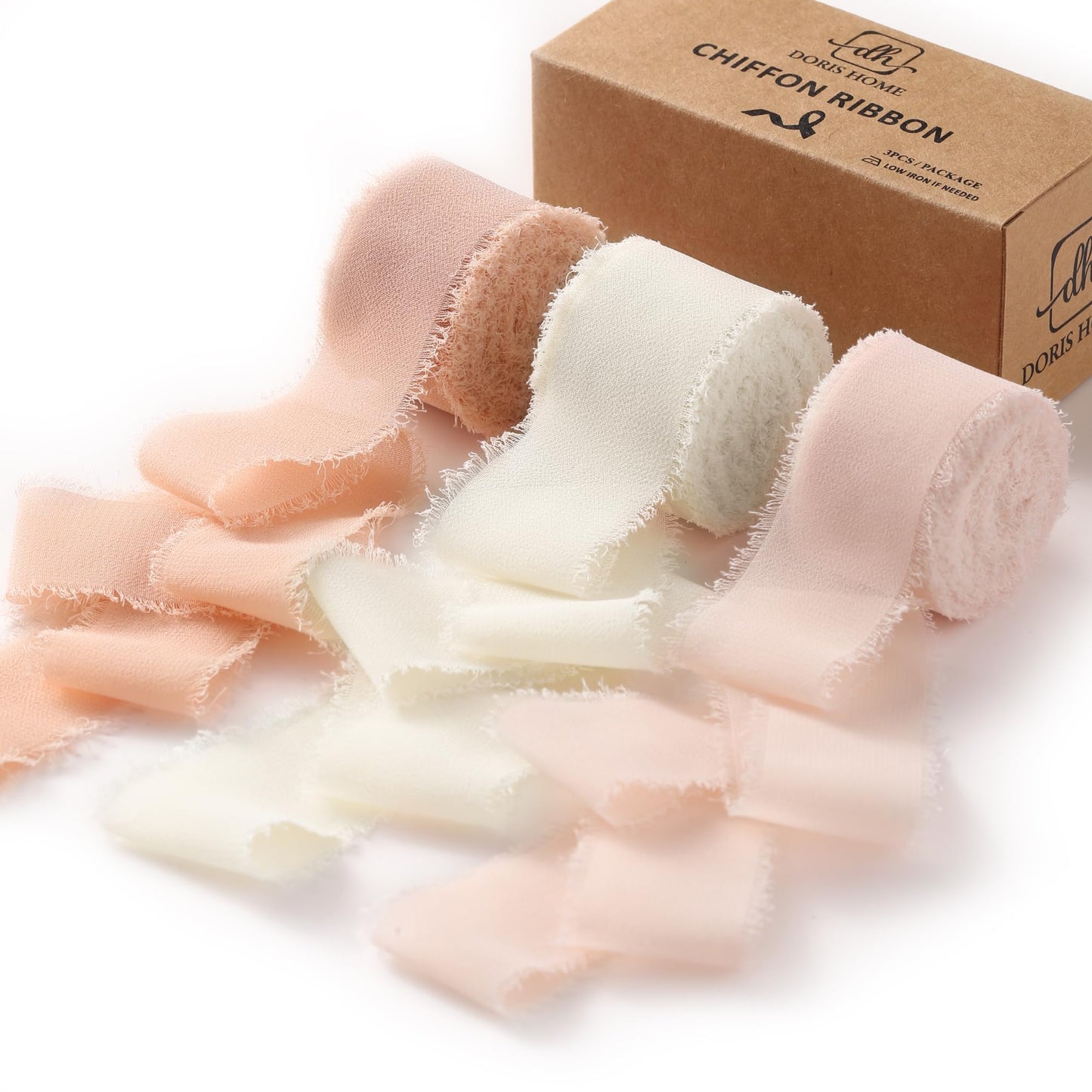 DORIS HOME Pink and Cream Chiffon Ribbon for Flower Bouquet, 1" x21Yd Fabric Ribbon for Gift Wrapping, Handmade Frayed Ribbon for Wedding Invitations/Christmas Decorations