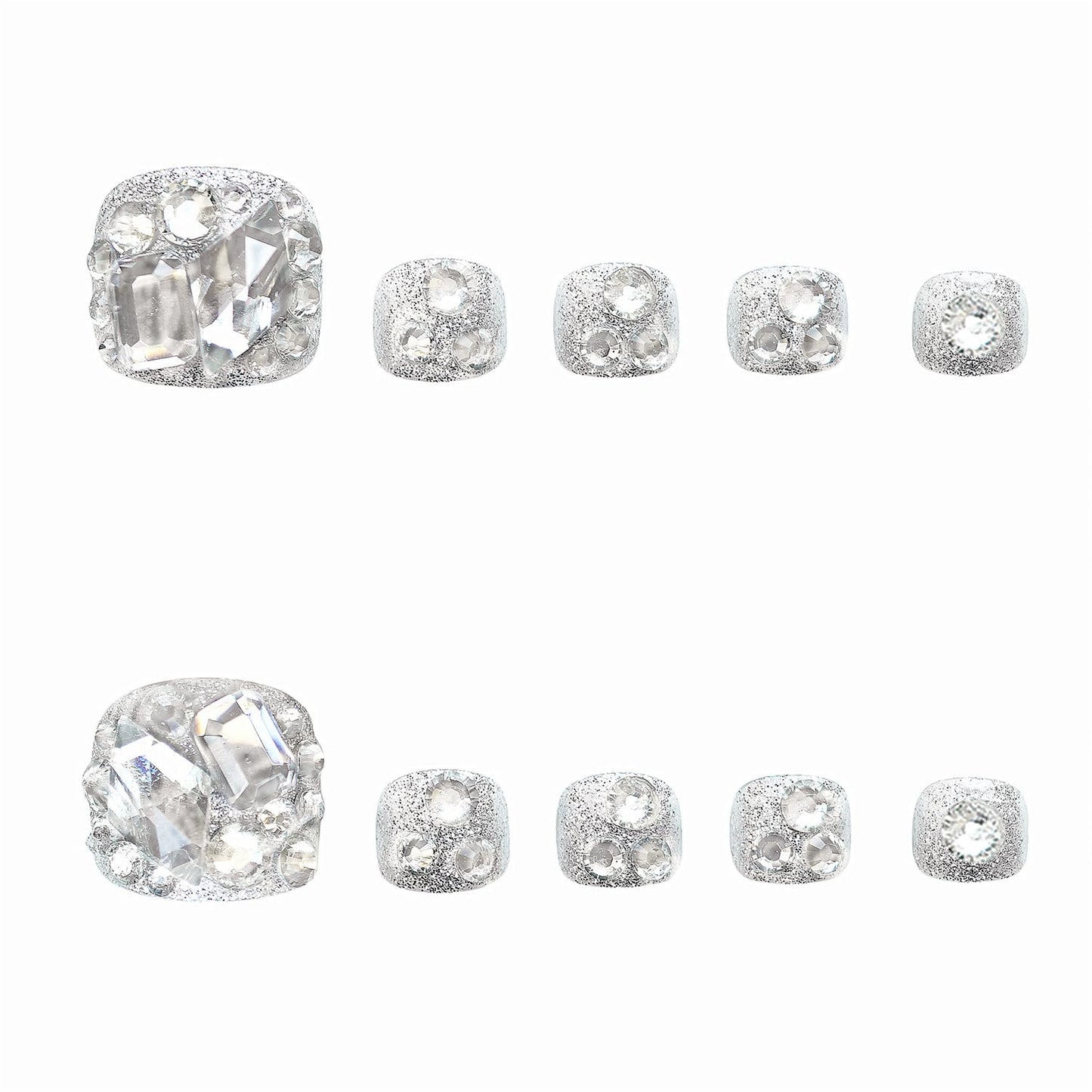 Vezocim Silver False Toenails Sets, Press on Toenails Coffin with Diamond Gems Designs, Full Cover Artificial Acrylic Fake Nails for Toe, Glue on Toenails with Charm, Stick on Toe Nails for Women