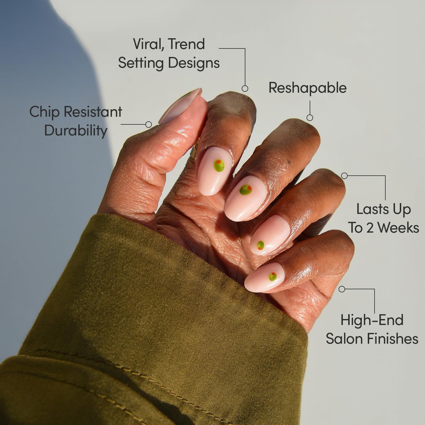 Glamnetic Press On Nails - Short Oval Fake Nails, Glossy Sheer Nails with Olive Graphics, Tipsy Olive | 15 Sizes - 30 Nail Kit with Glue | Gift for Mom