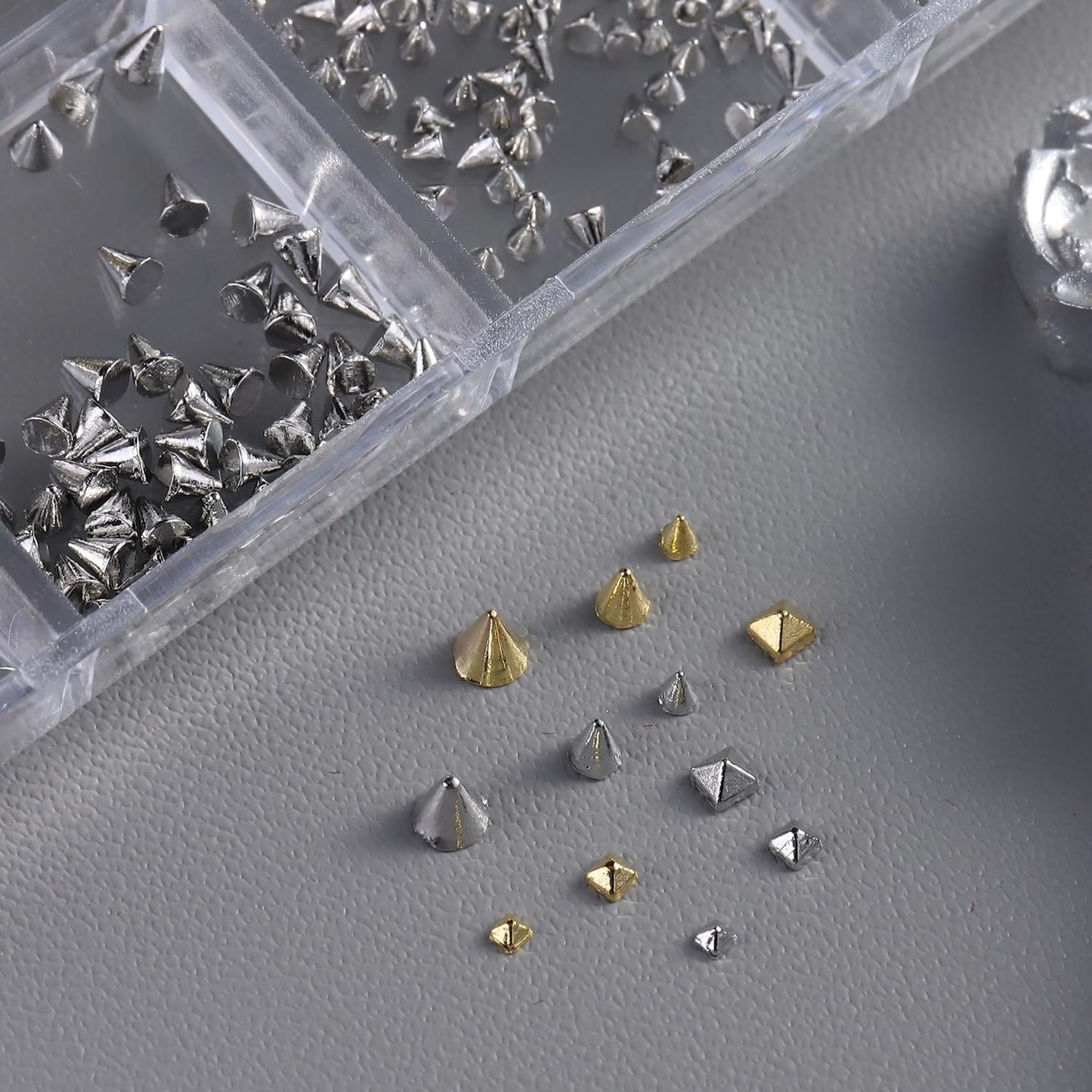 Furtherpretty Cone Spike Nail Charms Set, 3D Tiny Metal Square Pyramid Studs for Nails, Mixed Sizes Gold & Gunmetal Flat Back Punk Nail Charms, Gothic Y2K Rock Edgy DIY Manicure Decorations