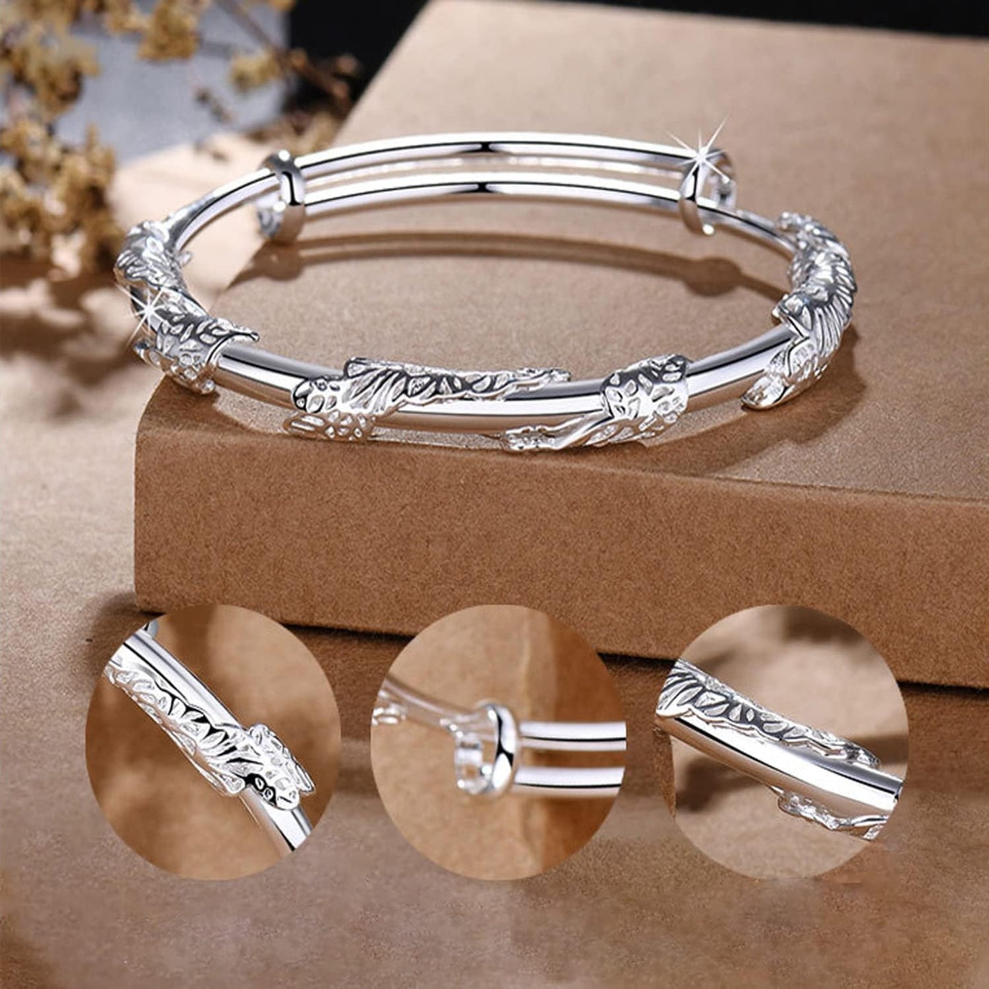 Solid 925 Sterling Silver Bracelet for Women Minimalist Adjustable Cuff Bangles Fashion Stackable Handmade Floral Engrave Bracelets Trendy Boho Cuff Bracelet Jewelry Gift for Birthday Women's Day