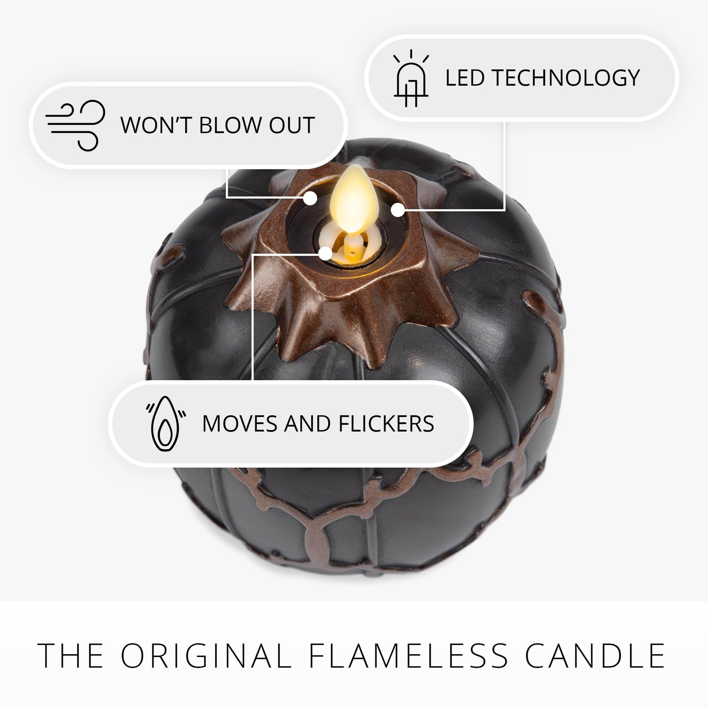 Luminara Black Embossed Fretwork Pumpkin Candle, 3.8" x 4.3" Flickering Flameless LED Light, AA Batteries (Sold Separately) w/Timer, Real Wax Indoor Fall Halloween Decor Table Mantel Decoration