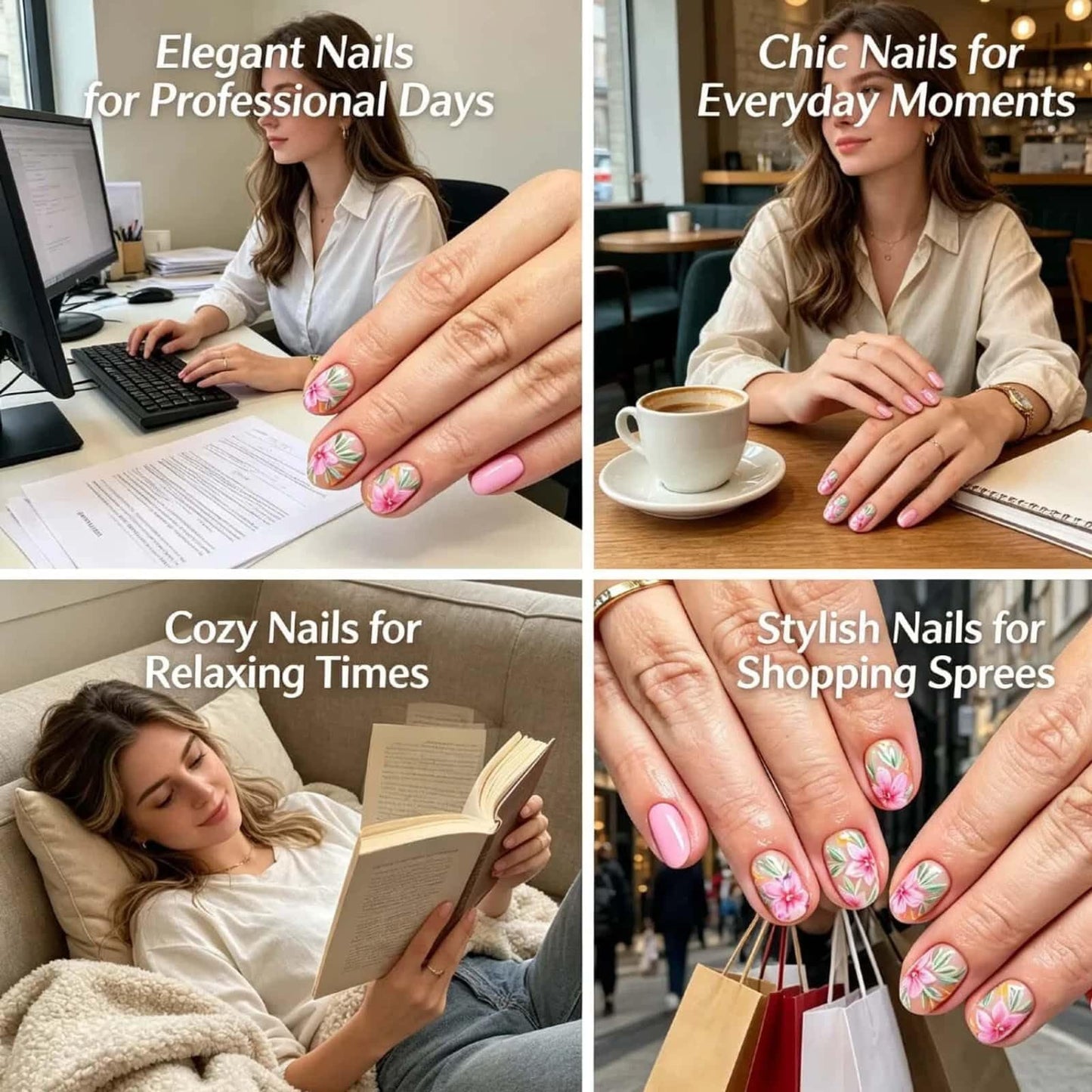Pink Flower Press on Nails Short Round Fake Nails with Small Daisy Leaves Design Glossy White Glue on Nails Spring Summer Reusable Artificial Nail Full Cover Stick on Nails for Women 24 Pcs