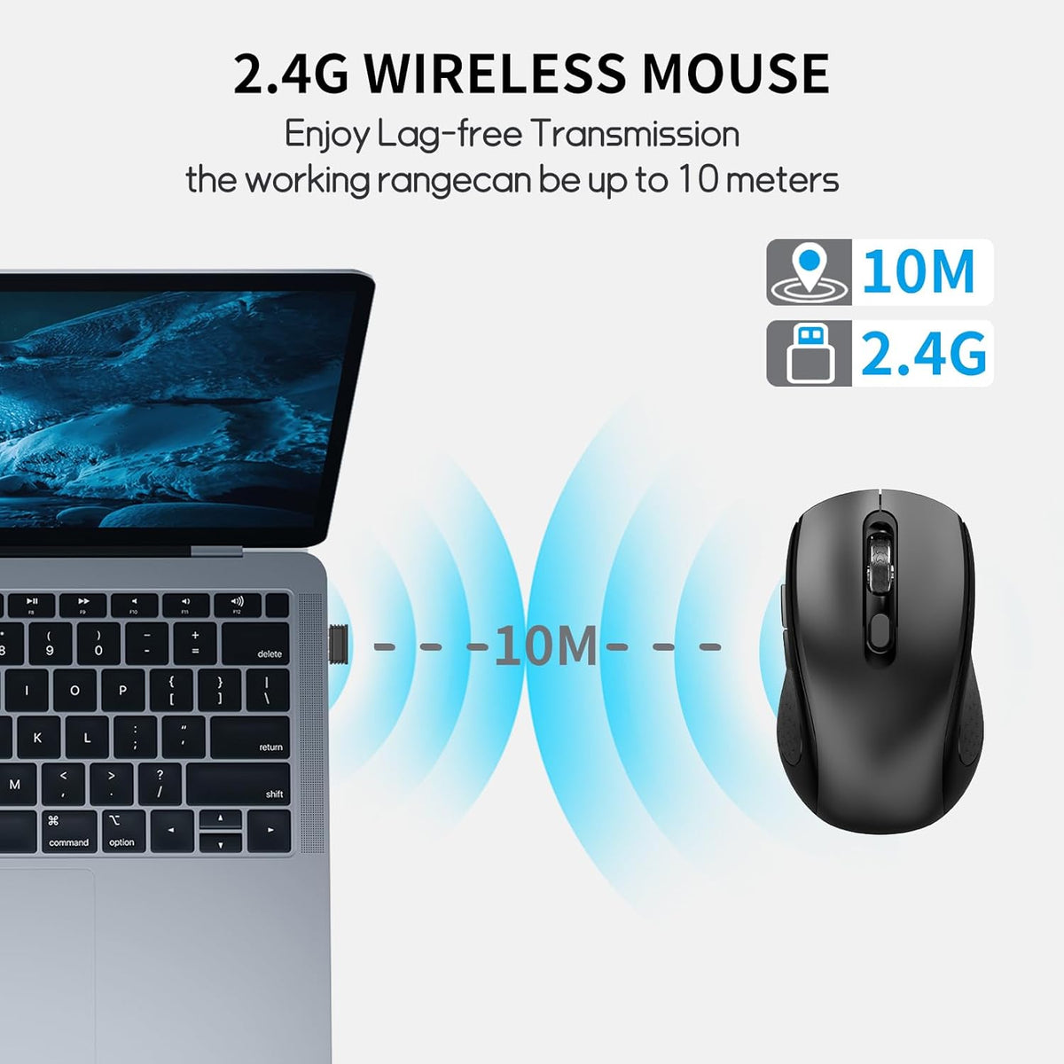Wireless Mouse with Side Buttons for Laptop, PC, Chromebook, Mac, MacBook, Silent Mouse with USB Nano Receiver, 1000/1600/2400 DPI, Anti Slip Roller, 6-Button Ergonomic design No Light Design- Black
