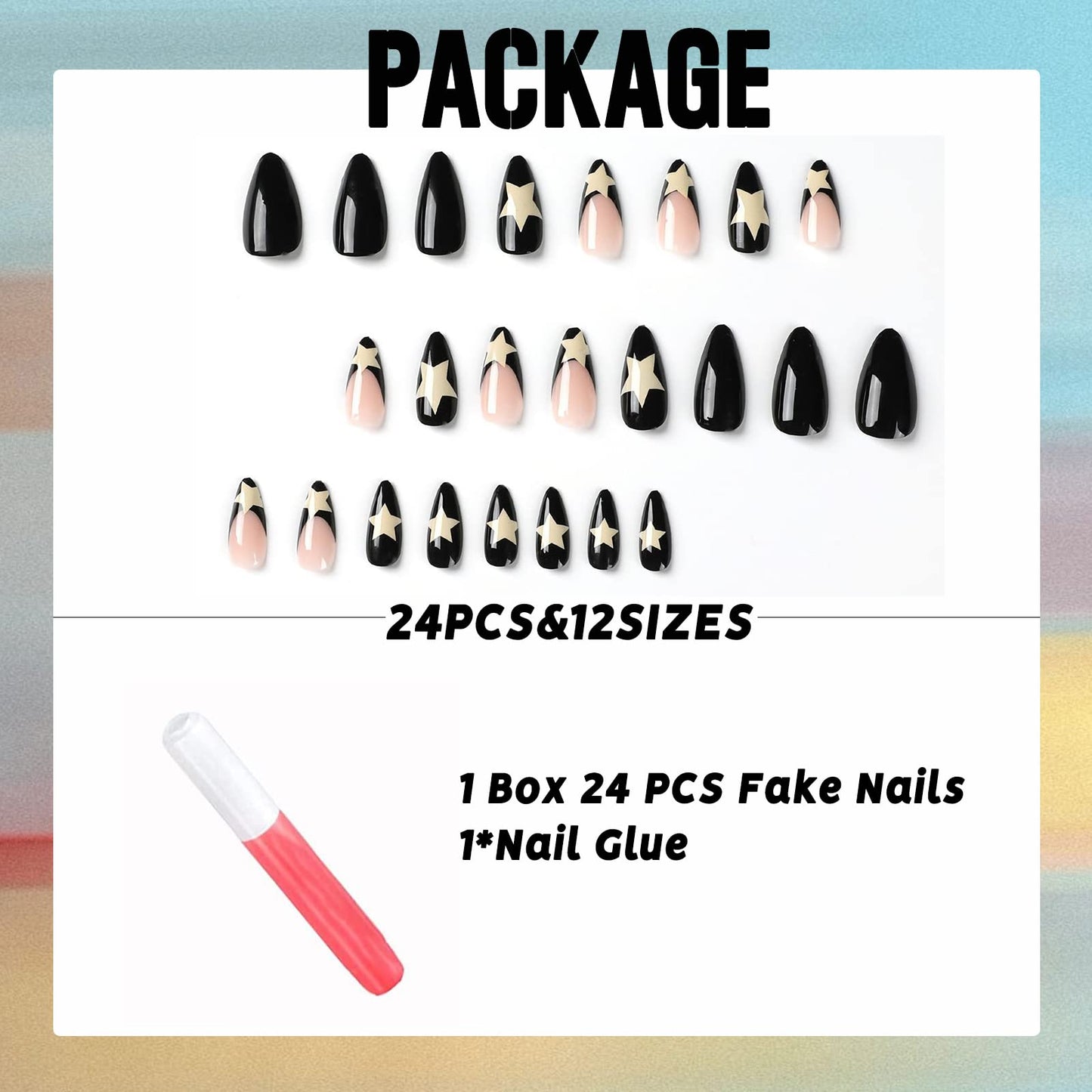 IMSOHOT Medium Almond Press on Nails French Black Fake Nails Stiletto Star False Nails with Designs Y2K Glossy Full Cover Acrylic Glue on Nails for Women 24PCS