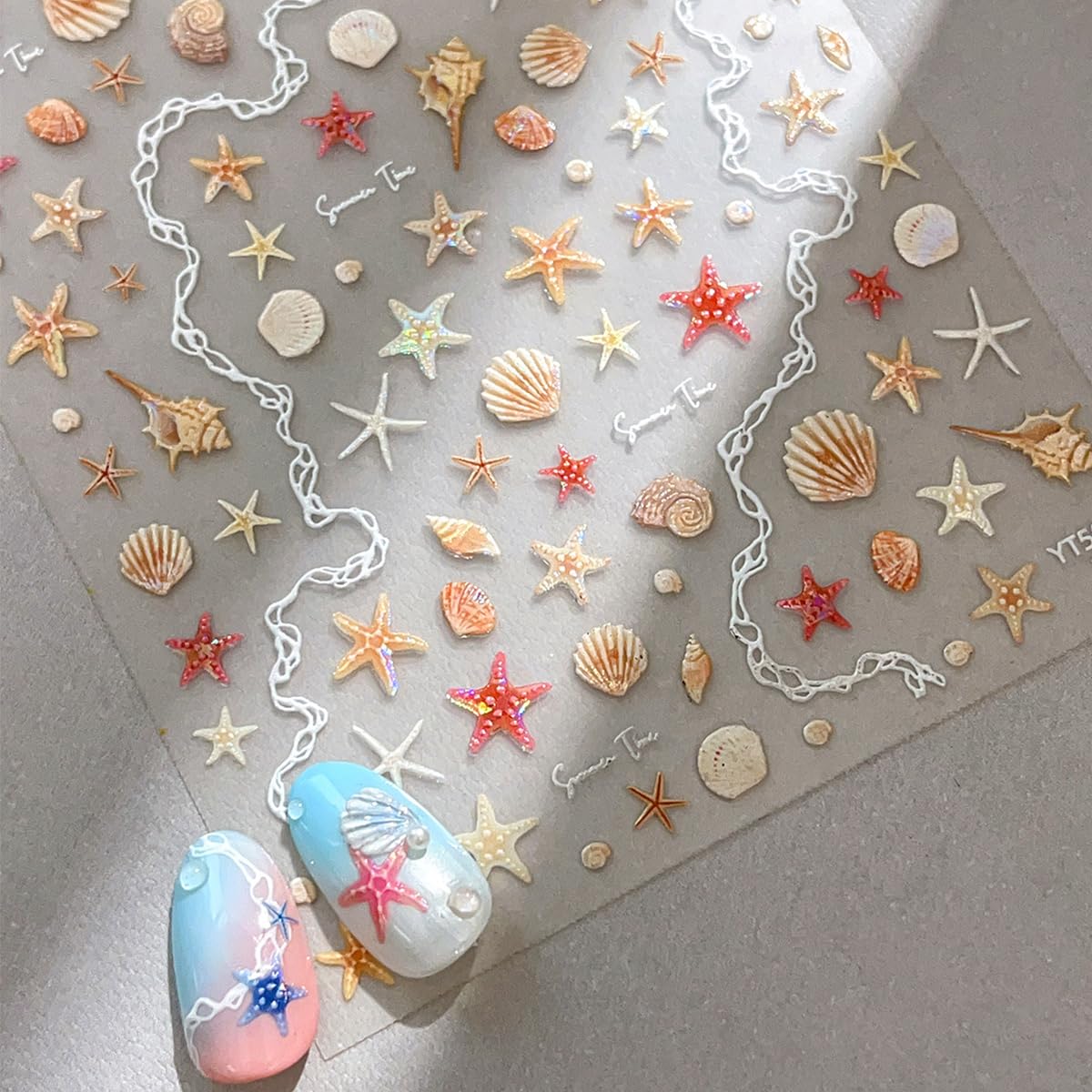 2 Sheets Summer Ocean Life Nail Stickers Beach Cute Seashell Starfish Conch Nail Art Stickers 5D Embossed Sea Theme Nail Decals with Shiny Light Design for Women Summer DIY Manicure