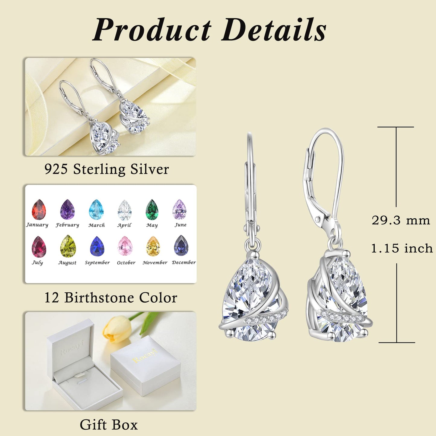 Rocayi Dangle Drop Earrings for Women 925 Sterling Silver Teardrop Leverback Earrings April Birthstone Jewelry