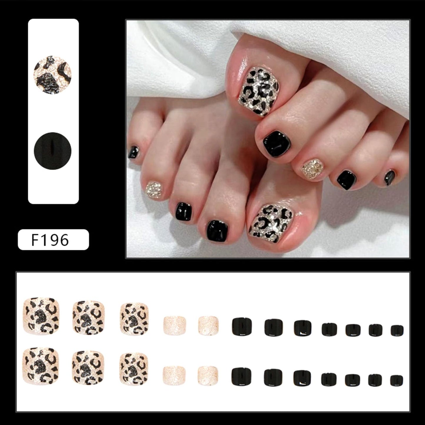 Press on Toenails Black Fake Toe nails with Gold Glitter Leopard Print Designs Glossy Short Square Toe nails Press ons Acrylic Stick on Toenails for Women 24Pcs