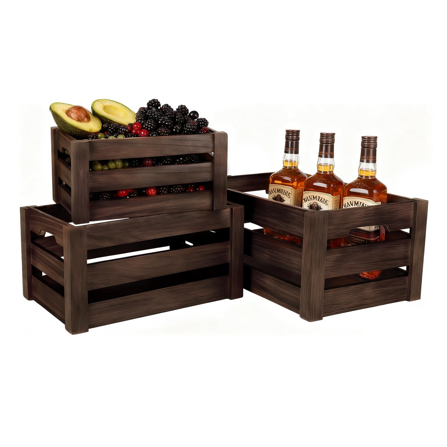 HFYFYXGS Wooden Crates for Storage and Display - Set of 3 Heavy Duty Nesting Wood Crates, Rustic Farmhouse Decorative Storage Boxes for Shelves, Pantry & Home Organization (L/M/S)