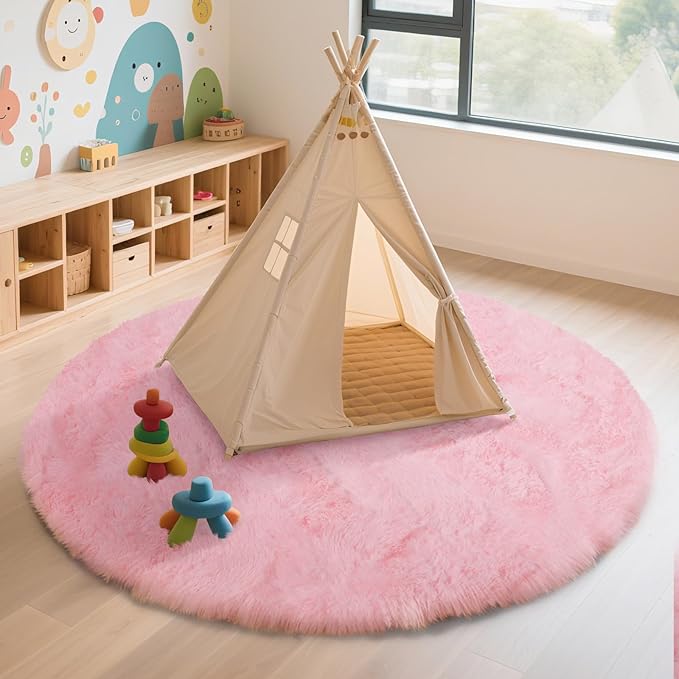 yulidayang Pink Fluffy Round Area Rugs for Bedroom,3ft Shag Circle Area Rugs for Girls Room,Non Slip Fuzzy Plush Rug for Kids Room Living Room and Dorm Home Decor Rug