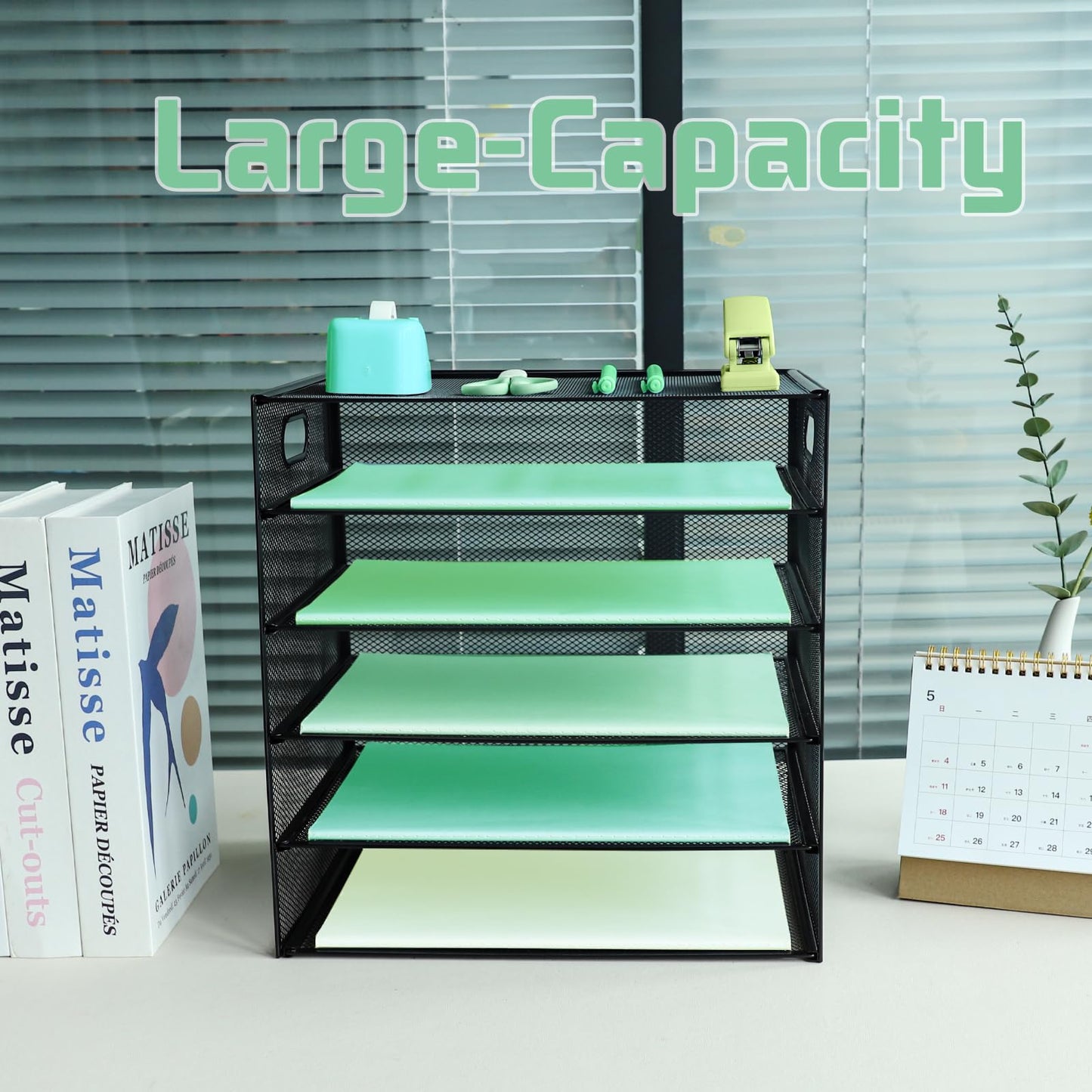 IOUGDSEC Paper Letter Tray with Handle, 5 Tier Metal Mesh Desk File Organizer, A4 Paper Desktop Filing Trays, Desk Tidy Magazine Document Holder for Home Office, Black