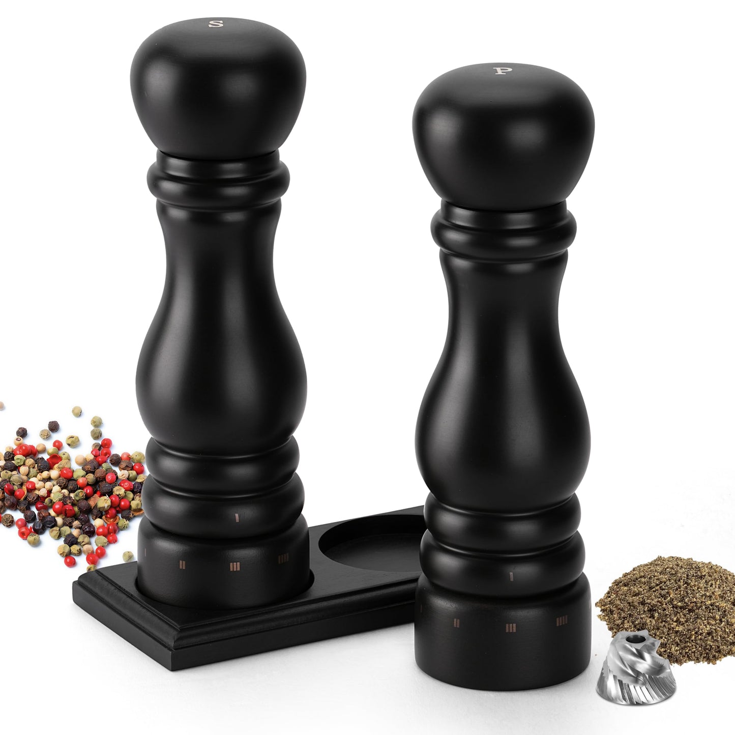 Aurevit Wooden Salt and Pepper Grinder Set, Manual Salt and Pepper Mill with Ceramic/Stainless Steel Core, Refillable Salt Grinder with External Adjustable Coarseness, 9” Tall (Chocolate)