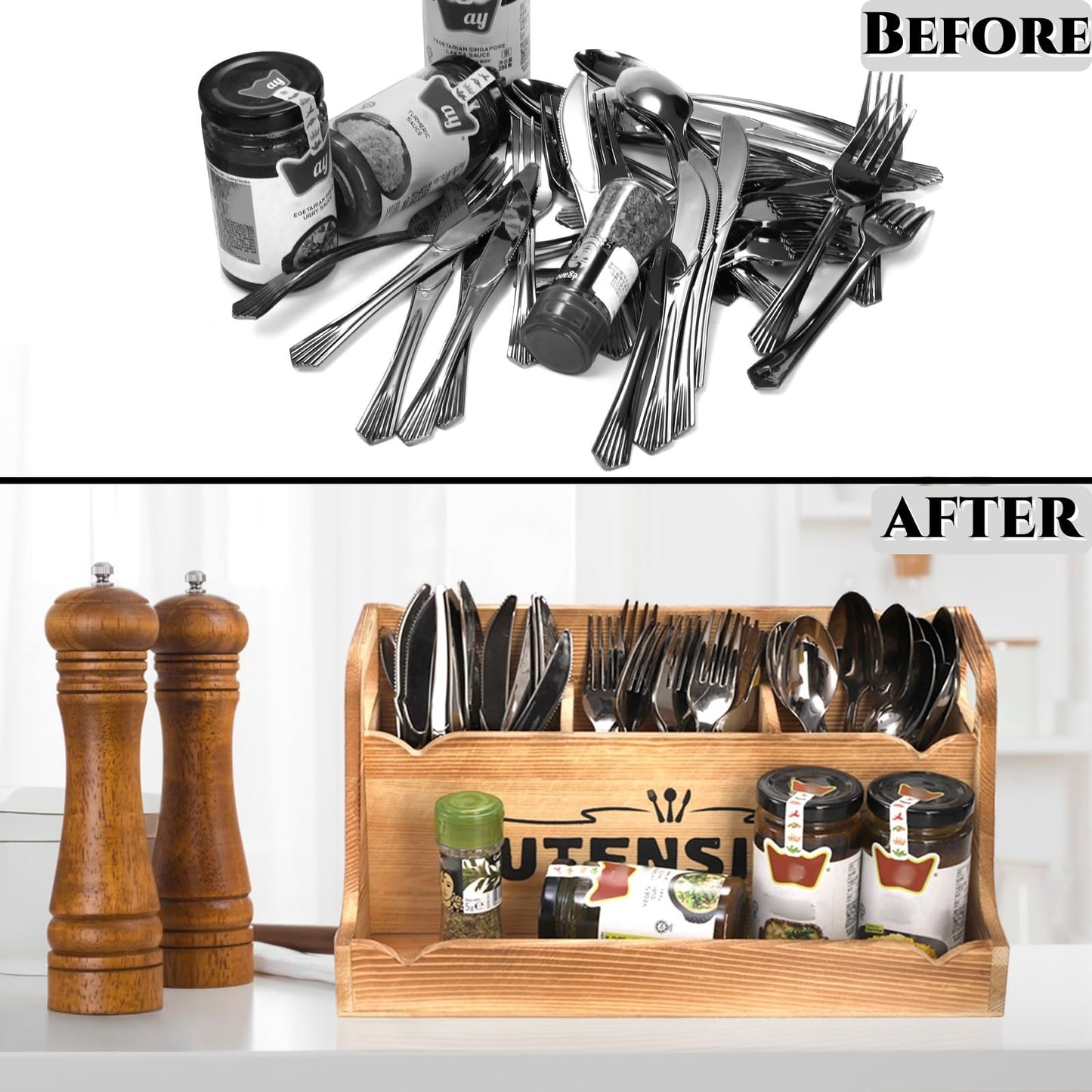 Noamus 15" Kitchen Utensil Holder with Spice Bottles Tray, Extra Large Wood Countertop Utensil Organizer with Handles, 4 Compartment Cooking Tool Storage Caddy for Home Decor Gift