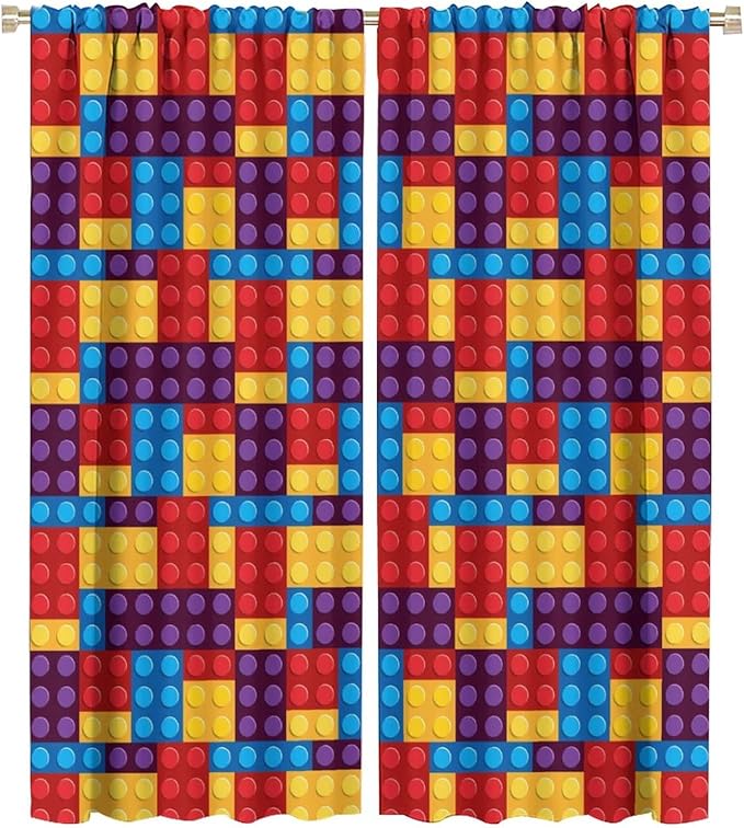 Building Block Colored Curtains, Children's Themed Curtains Collection Building Block Patchwork Cartoon Print Curtains, Light Trim 2 Panel Set Rod Pockets 42x54in
