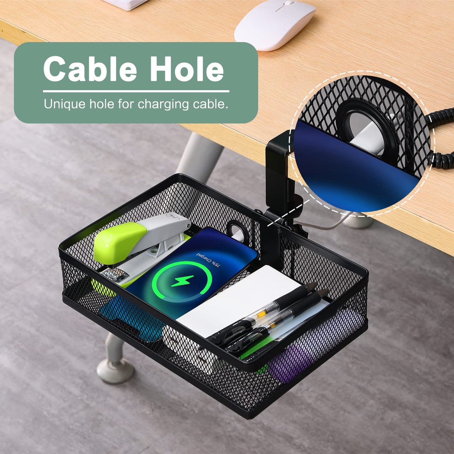 ROSLINE Under Desk Storage Organizer, Clamp on Drawer Basket, Hanging Storage, Mount Tray, Suitable for Multiple Scenes (Black)