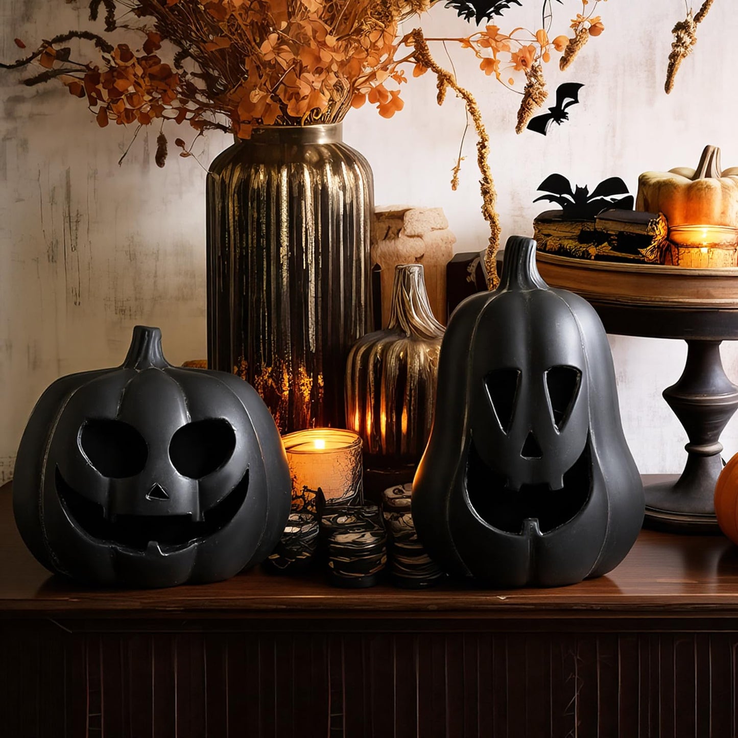 Tioncy 2 Pack Terracotta Pumpkin Decoration Handmade Brown Clay Pumpkin Jack-o-Lantern Halloween Tealight Holder Rustic Farmhouse Fall Home Decor for Table Porch Mantel Indoor Centerpieces (Black)