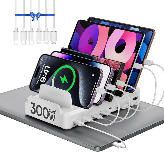 300W Charging Station for Multiple Devices, 8 Port Multi USB C Fast Charger Station Dock for MacBook iPhone 17/16/15/14/13/12 Samsung Pixel Series iPad, White (6 Mixed Short Cables Included)