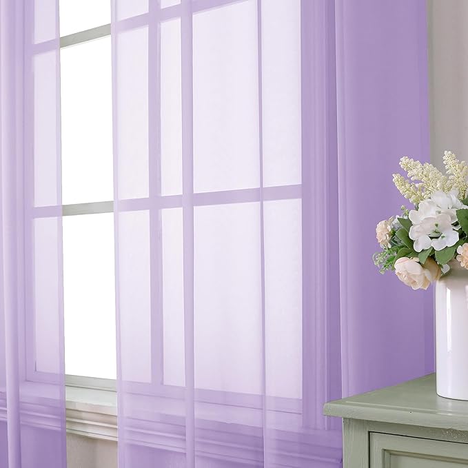 Aiyufeng Light Purple Sheer Curtain Panels Pair Sold 90 Inch Length, Light Filtering Window Curtain Drapes Treatment for Kitchen, Bedroom/Children Room, Voile Top Dual Rod Pocket, 2 Pack of 42 x 90"