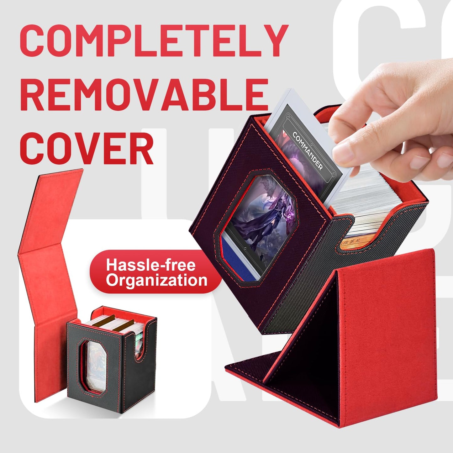 Trading Card Storage Box with Commander Display for MTG, TCG, Sports Cards, 5-in-1 Card Deck Box, Holds 450+ Double-Sleeved Cards, 4 Individual Deck Cases with Covers, Dice Tray & Magnetic Holders