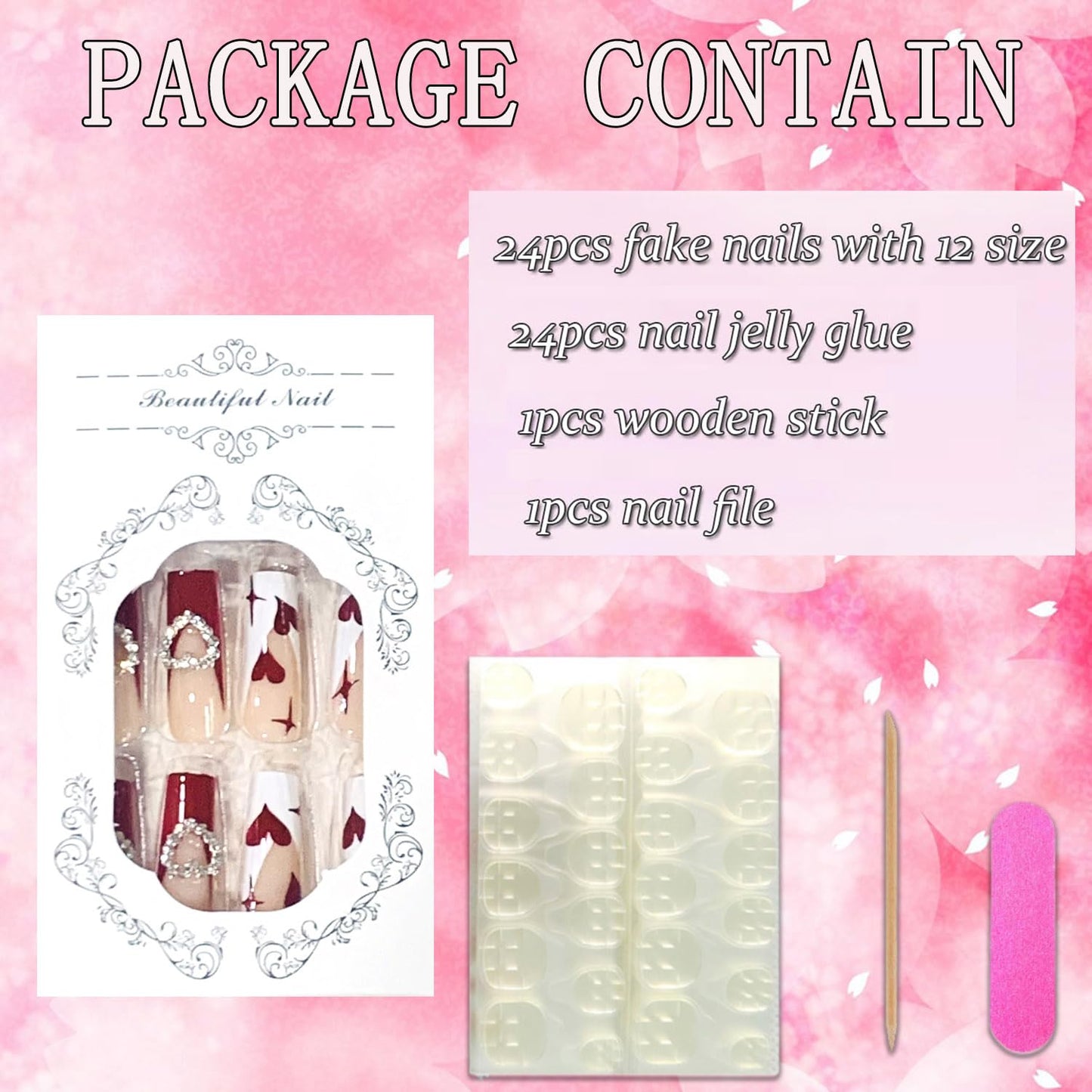 FIEONCIY Press on Nails Long Coffin Shaped Acrylic Glossy Full Cover Long Square French False Nails with Designs Artificial Extra Long Fake Nails with Charms Glue ons Fingernails for Women(A80108)