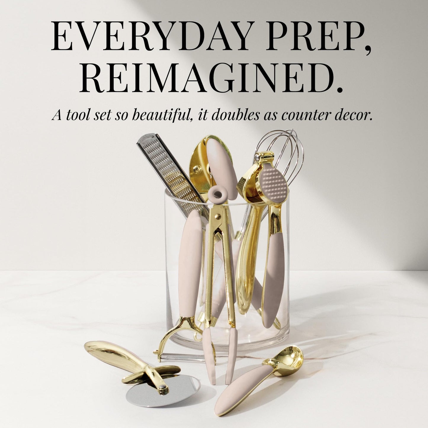 Gold and Beige Kitchen Utensils Set – 8 PC Cooking Gadgets with Mini Gold Whisk and Tongs, Pizza Cutter, Garlic Press, Cheese Grater, Peeler, Can Opener, Scoops – Stylish Beige Kitchen Accessories