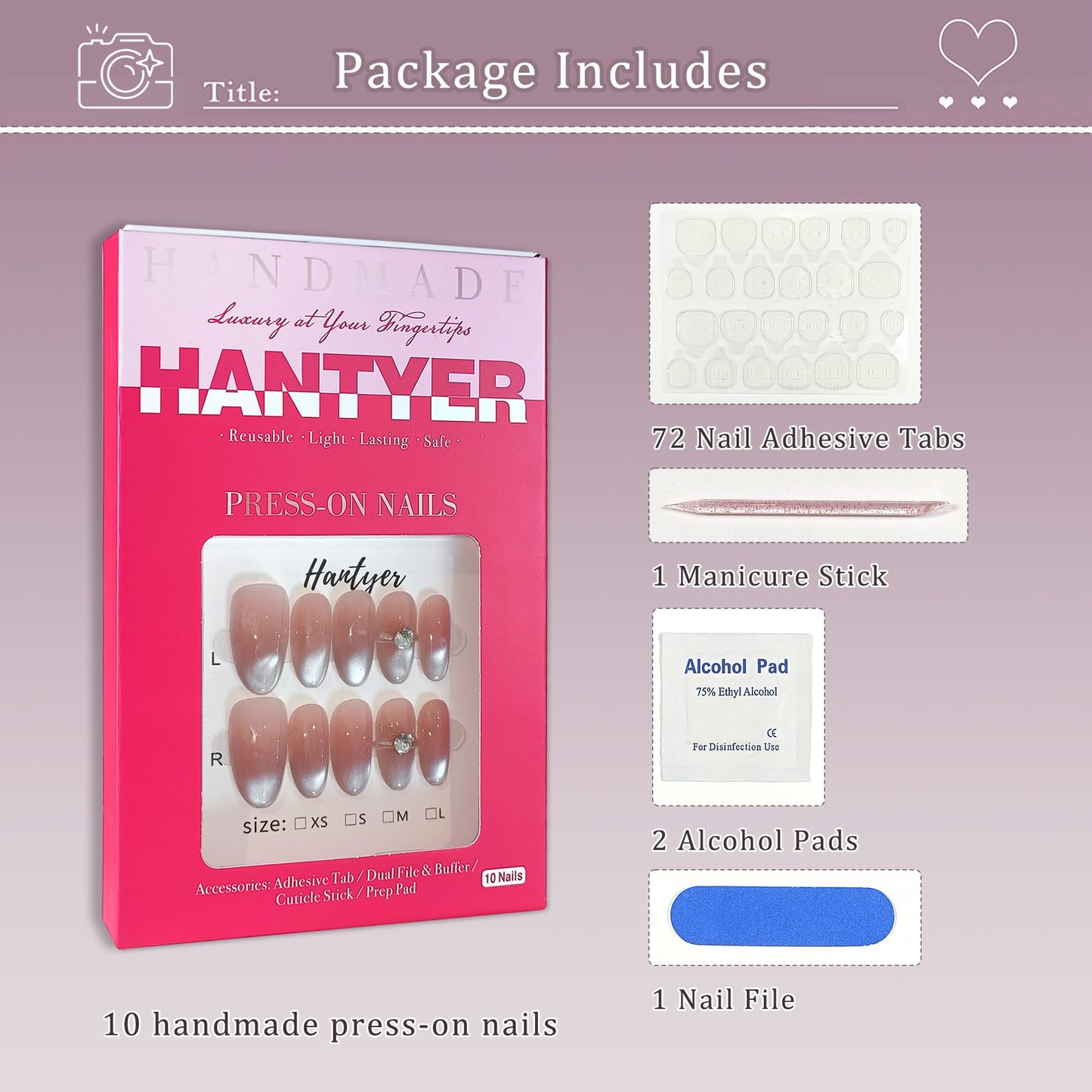 Hantyer Medium Oval Press On Nails, Handmade Soft Gel Nude Pink Ombre Glossy Fake Nails with 3D Diamond Ring Accent, Gradient Design Full Cover Reusable False Nails for Women 10PCS Kit (Size M)