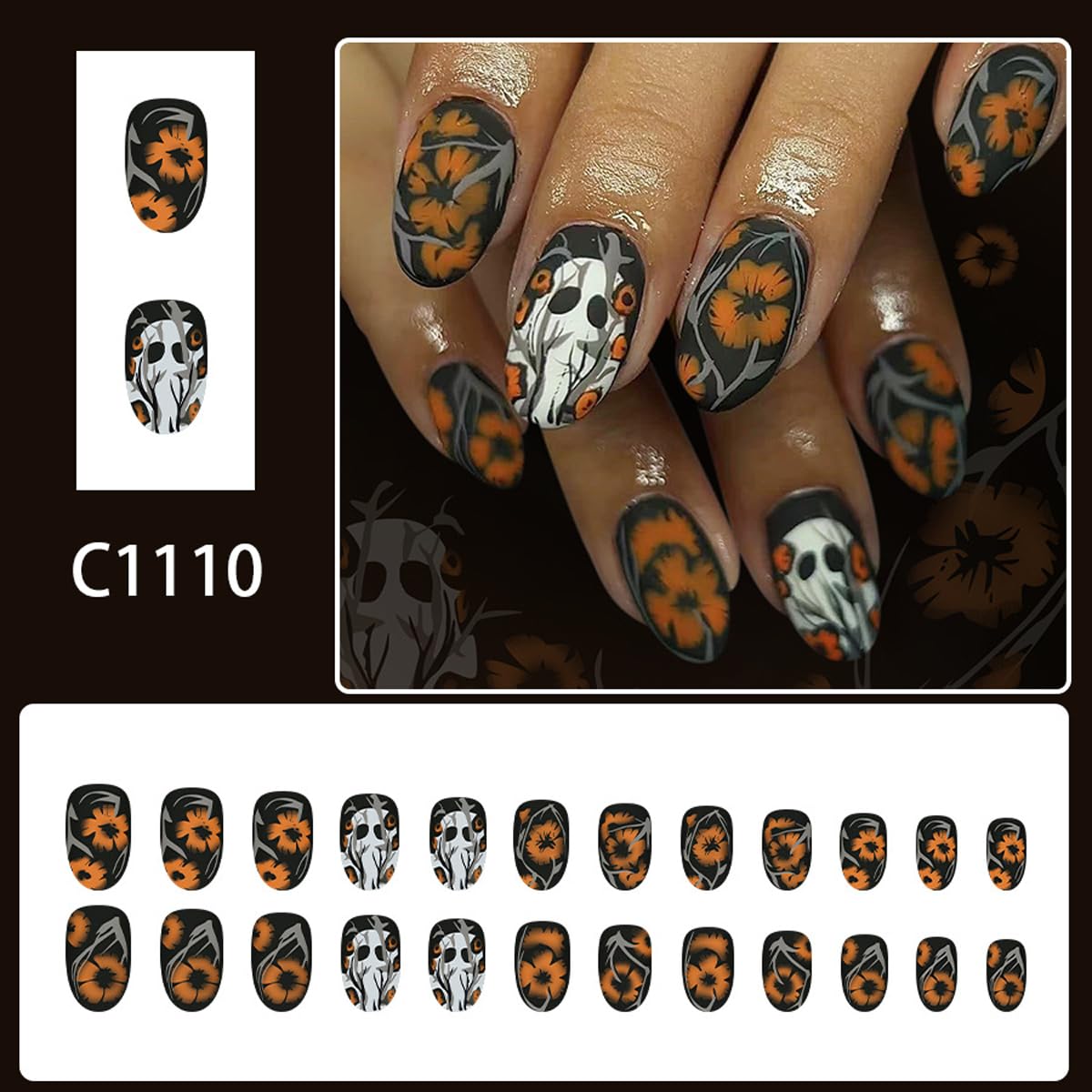 Fall Halloween Press on Nails Short Almond Fake Nails Black Matte Nails Press ons with Ghost & Flower Design-Reusable Artificial Nails Full Cover Glue on Nails Stick on Nails for Women Manicure 24 Pcs