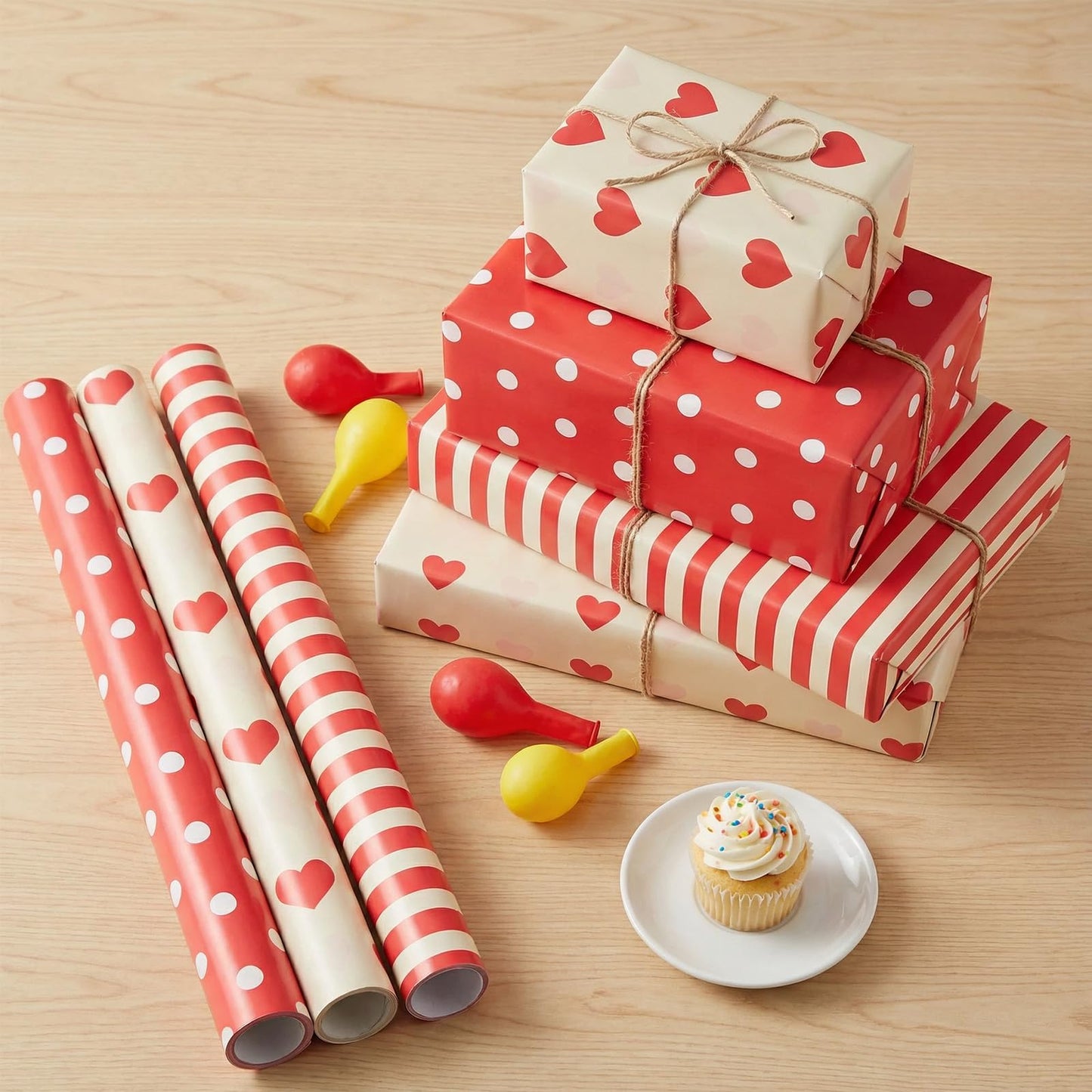 Gift Wrapping Paper, 3PC Gift Wrap Set with Hearts, Stripes, and Polka Dots, 17 x 200 inch Each, Elegant Red and White Designs for Wedding, Anniversary, Bridal or Baby Shower Mothers day Gifts