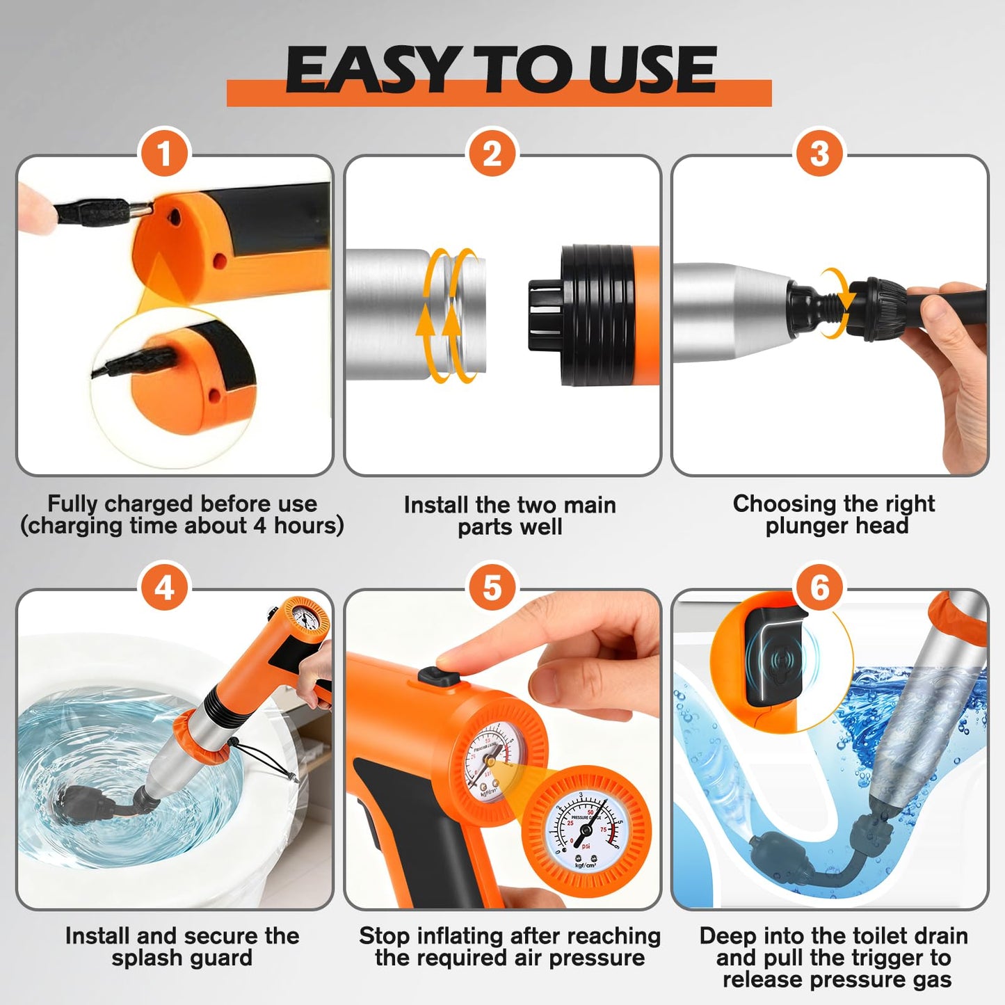 Electric Toilet Plunger, High Pressure Toilet Snake Drain Clog Remover, Splash-free Unclogger with Drain Snake Auger, Plungers for Bathroom Heavy Duty, Versatile Air Blaster Unclogger Kit (Orange)