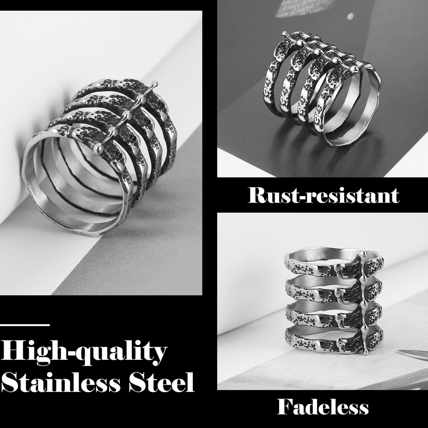 HZMAN Gothic Punk Spine Skeleton Ring Bone Stainless Steel Rings for Men Women Biker Jewelry Gift (Size,10)