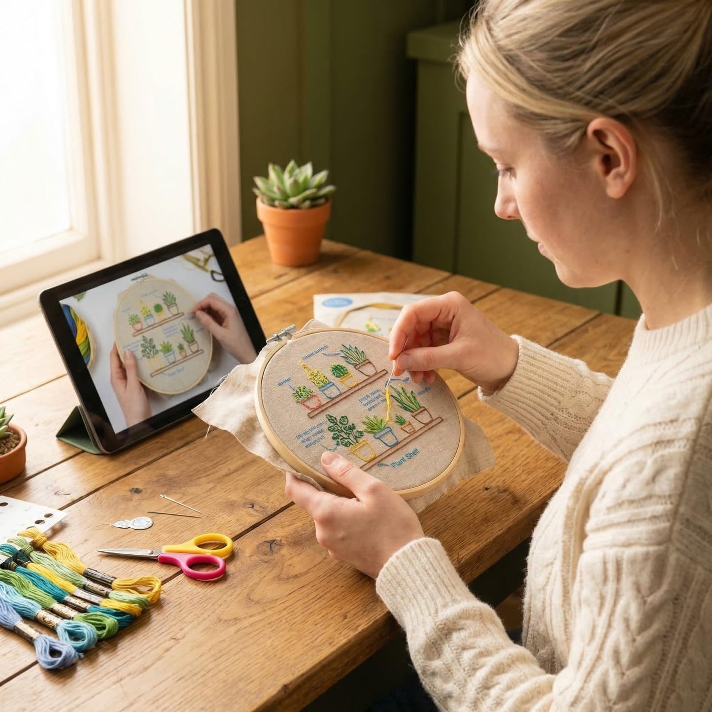 QIZUOLIFE 3 Pack Embroidery Kit for Adults Beginners, Pre‑Stamped Potted Plant Flower Basket Needlepoint Set, DIY Needlework Supplies with Step‑by‑Step Video Tutorials, Handmade Craft Gift Home Decor