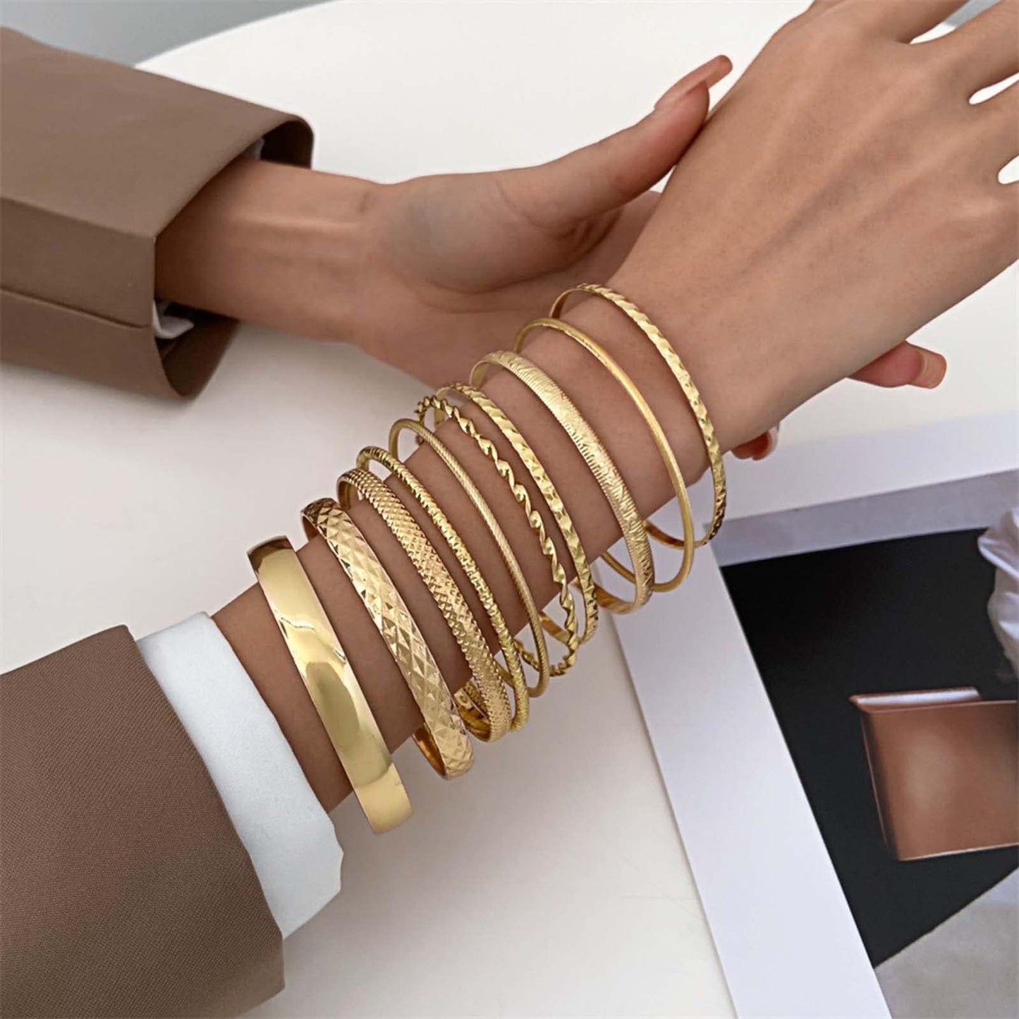 RINTOLER 10Pcs Gold Bangle Bracelets Set for Women - Stackable Textured Ethnic Style Indian Bollywood Bangles Boho Jewelrys for Women.(G set 10pc Gold)