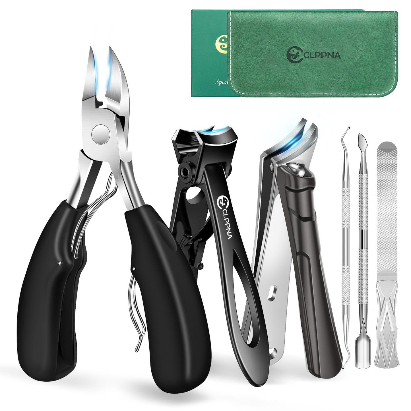 Toenail Clippers for Seniors Thick Toenails, CLPPNA Large Toe Nail Clippers Set for Men with Wide Jaw, Sharp Heavy Duty Ingrown Toenail Clippers Nail Cutter, Long Handle with Slanted Curved Blade