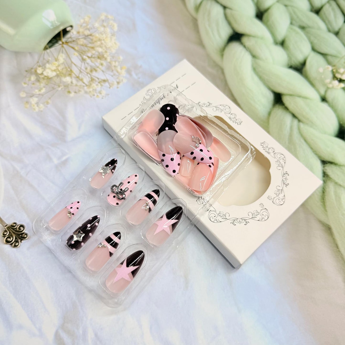 Polka Dot Press on Nails Almond Medium Fake Nails with Designs Bow Stars Stick on Nail Cute French Acrylic False Nail Rhinestone Artificial Nail Glossy Full Cover Glue on Nails for Women