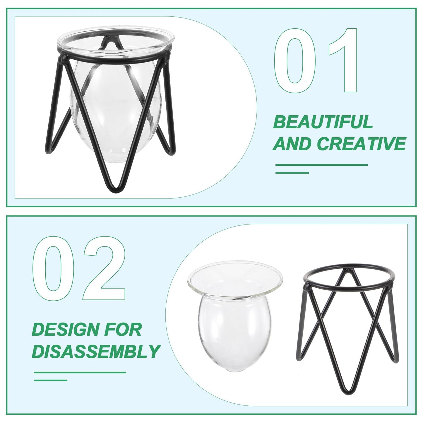 NUOBESTY 6pcs Small Iron Art Flower Stands with Hydroponic Glass Vases for Desktop Plant Decoration and Office Home Hydroponic Terrarium Display