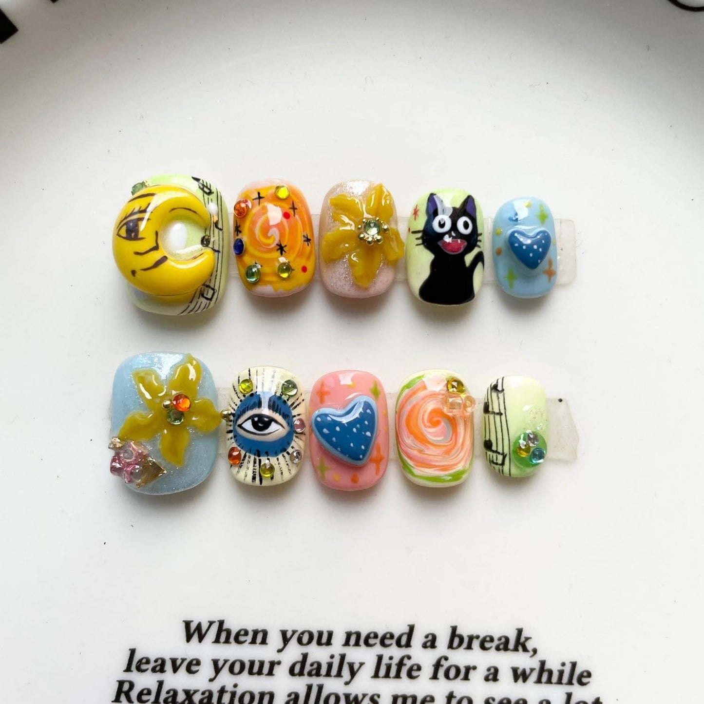 Luxury Press on Nails Short Square Handmade 3D Unique Reusable ABS Material Fake Nails False Nails with Eyes Flower Cat Heart Rhinestones Designs Glossy Glue on Nail Thick Acrylic Nail(M)