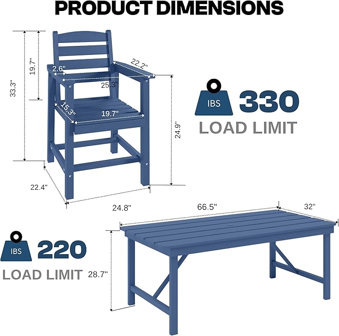 7 Piece Patio Dining Set with 11ft Patio Umbrella (Teal), 7 Navy Outdoor HDPE Dining Set with 6 Chairs + 1 Large Table, for Market, Pool, Garden, Backyard, Deck