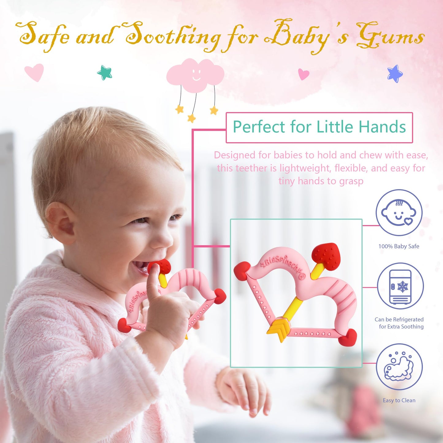 BIGSPINACH Teethers Heart Shape Silicone Baby Teether Toy Easy for Little Hands to Hold,Cupid Bow and Arrow Soft Teething Toy for Infants,Valentine's Gift for Girl or Boy (Pink)