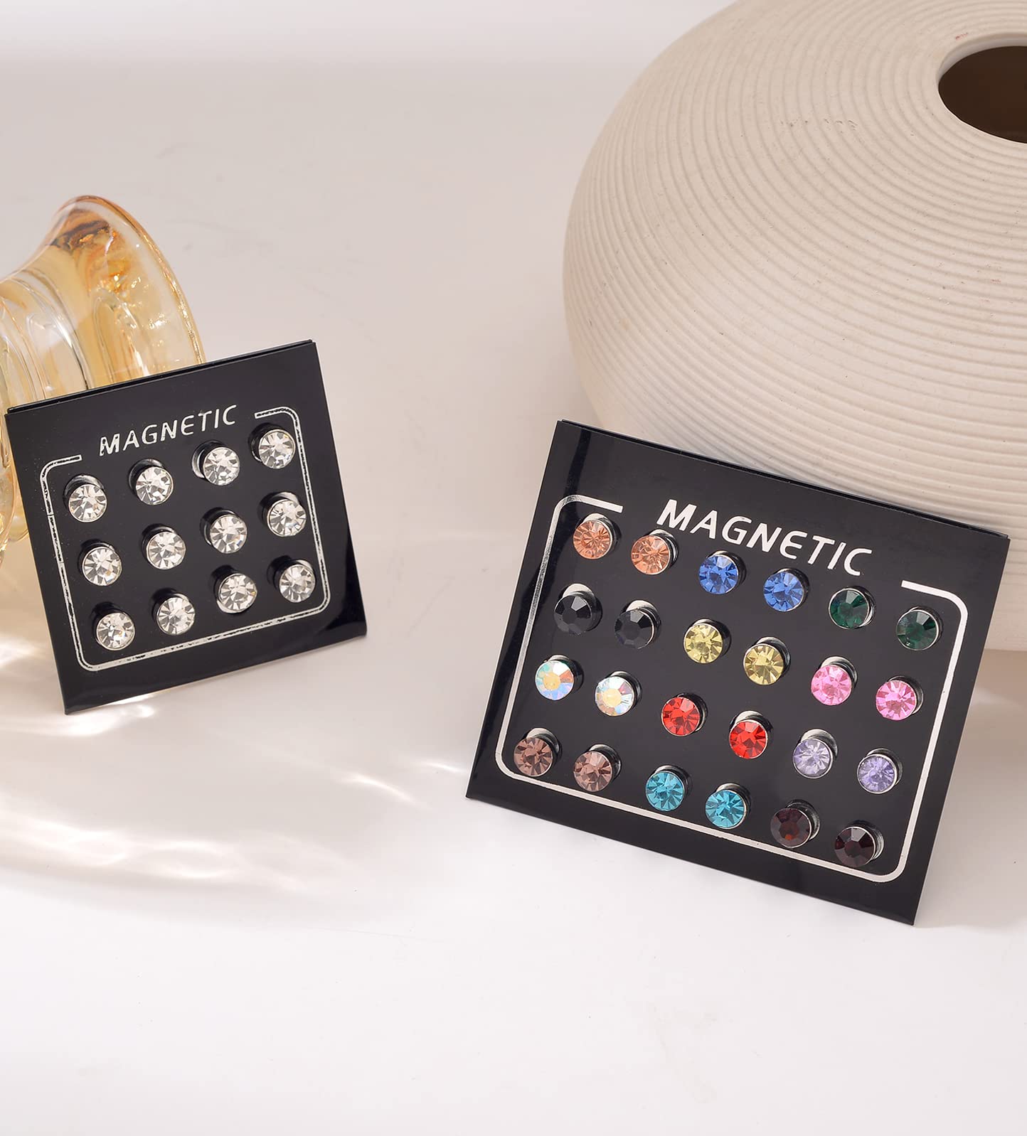 Ofeiyaa 18 Pairs Magnetic stud Earrings Colors CZ Earrings Set Fake Earring Jewelry Clip on No Piercing Earrings Studs for Women Men 4MM 6MM
